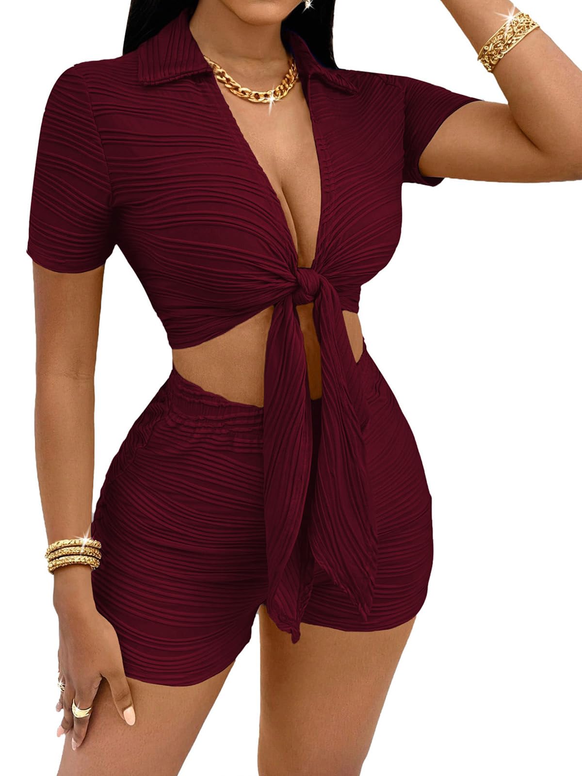 MSLG Women's Sexy 2 Piece Set Solid Summer Bodycon Suit Casual Tie Front Short Sleeve V Neck Crop Top Shorts Outfits Sets S42