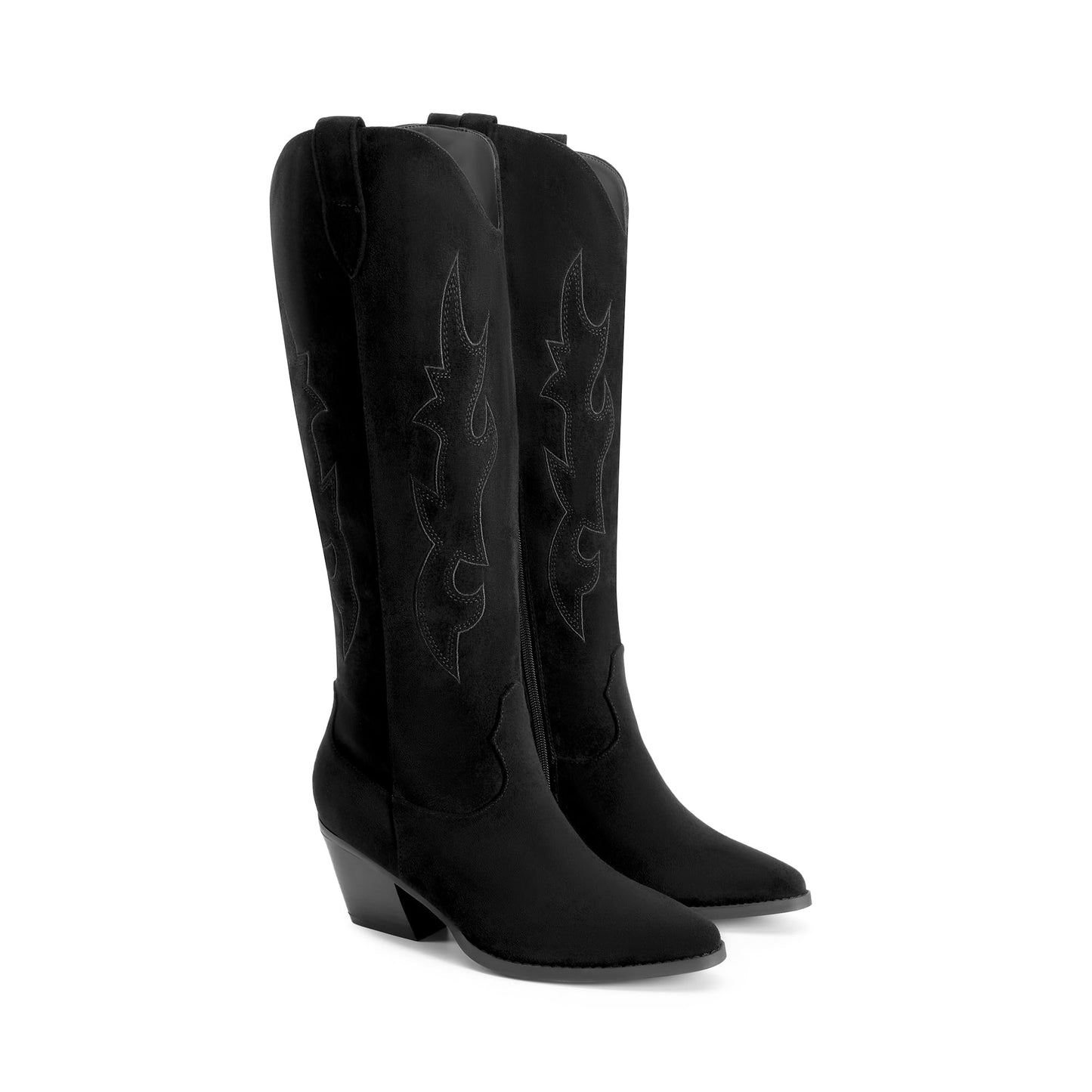 DREAM PAIRS Cowgirl Boots Women Knee High Cowboy Boots Pointed Toe Chunky Block Heel Suede Tall Western Boots with Embroidered