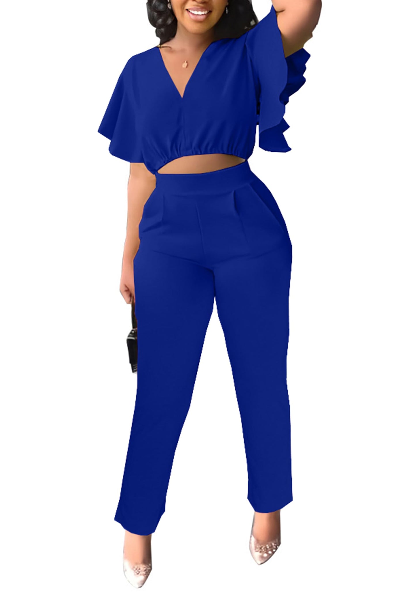 Fooullaide Womens Summer 2 Piece Outfit Set Crop Top Butterfly Sleeve Short Set Sexy Beach Vacation 2pc Sets