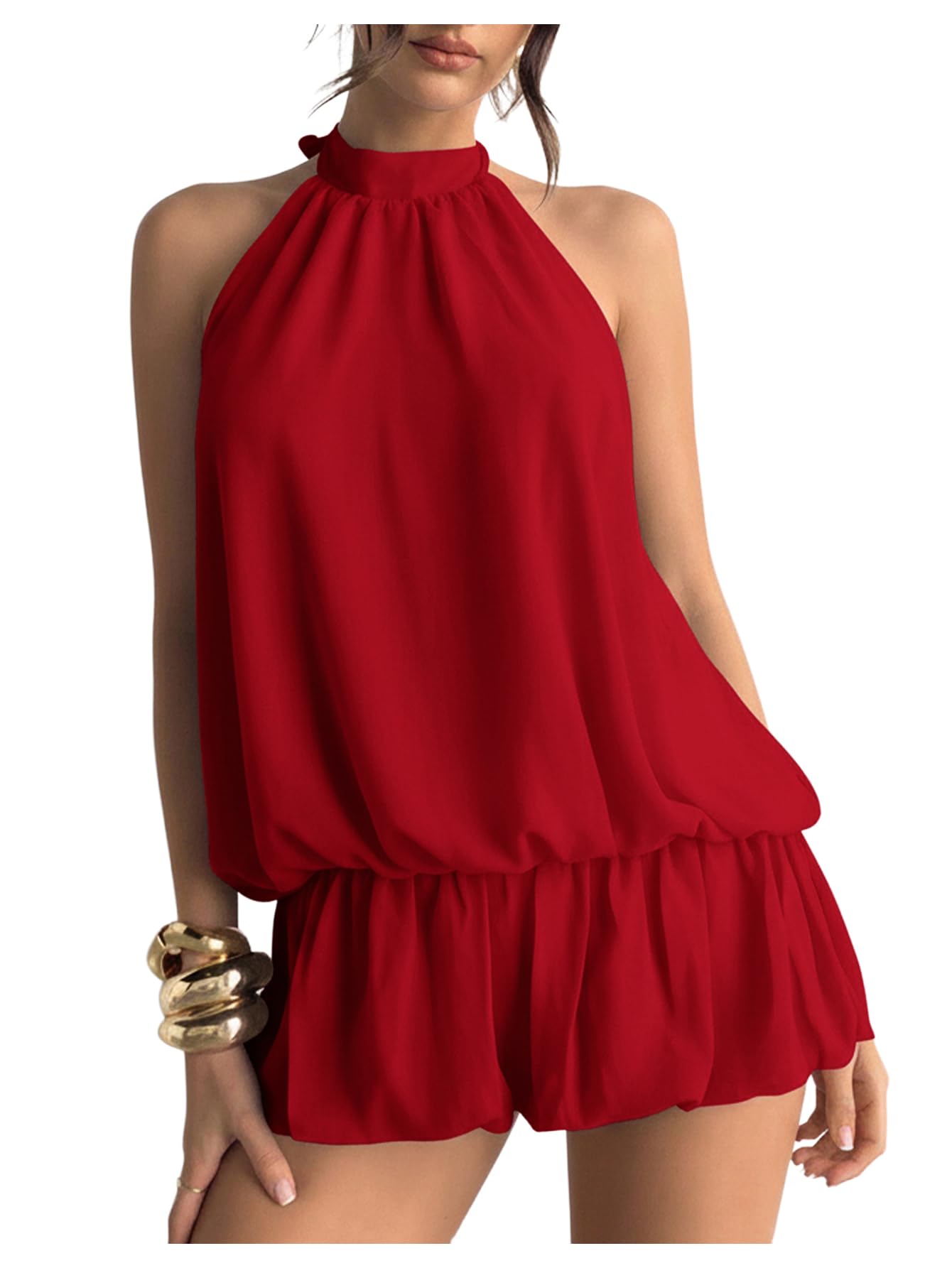 Floerns Women's Y2k Summer Halter Dress Tie Open Back Sleeveless Ruffle Hem Bubble Going Out Mini Dresses
