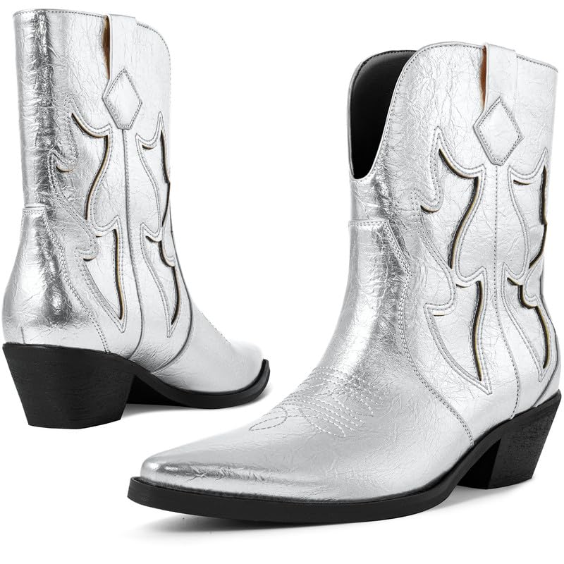 Cowboy Boots for Women Pointed Toe Pull On Boots Metallic Embroidered Western Cowgirl Boots with Chunky Heel for Wide Calf