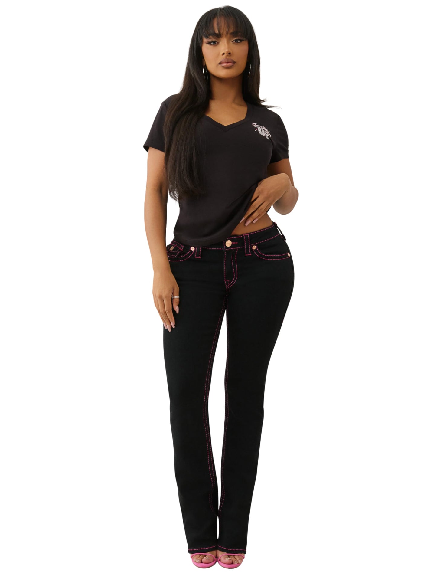 True Religion Women's Sporty Crystal V-Neck Tee – Short Sleeve Rhinestone Graphic T-Shirt