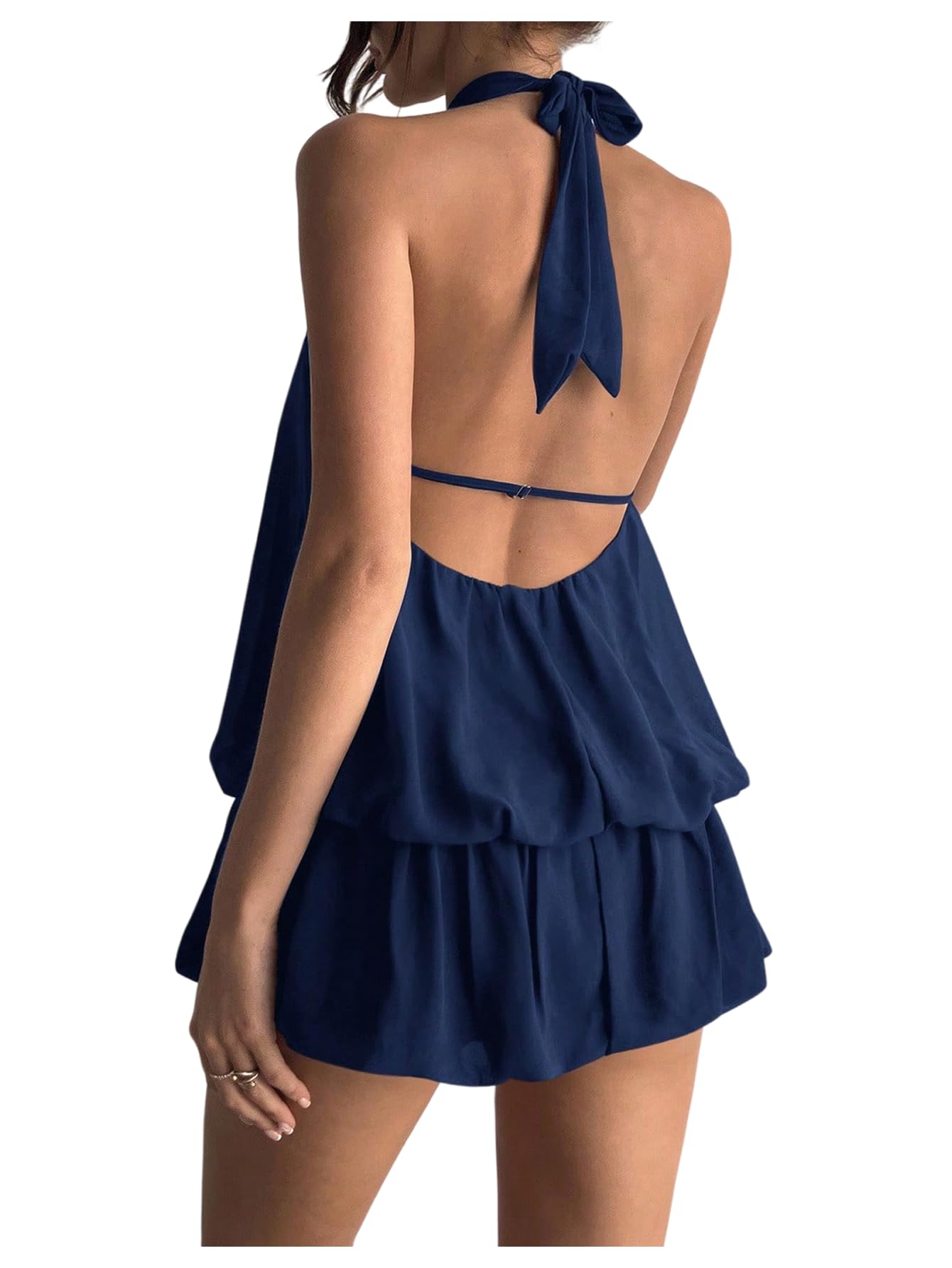 Floerns Women's Y2k Summer Halter Dress Tie Open Back Sleeveless Ruffle Hem Bubble Going Out Mini Dresses