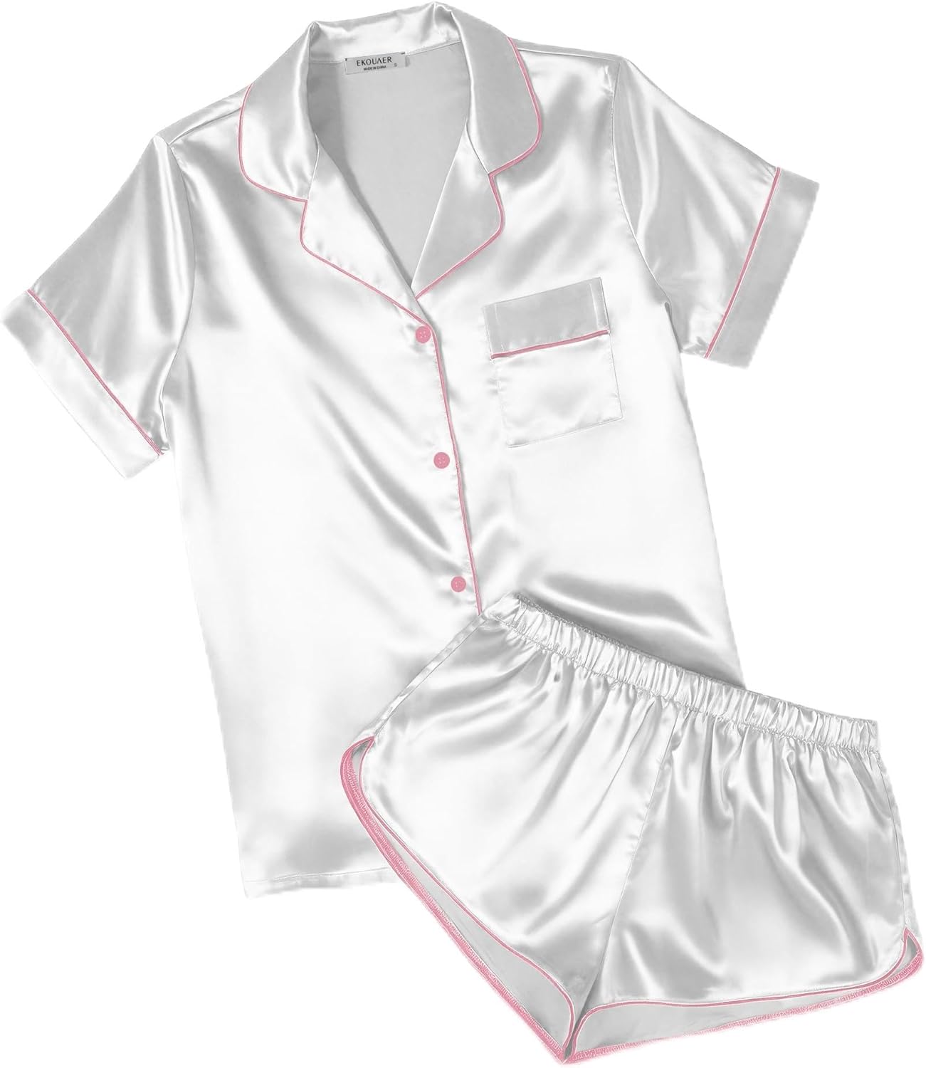 Ekouaer Womens Silk Satin Pajamas Short Sleeve PJS Shorts Set Soft Button Down Sleepwear 2 Piece Loungewear S-5XL
