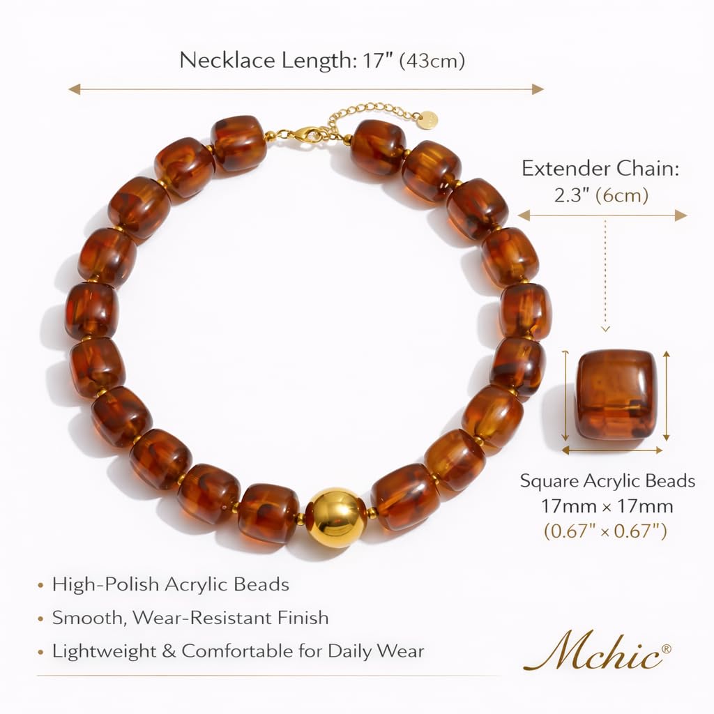 Mchic Colorful Beaded Choker Necklace for Women: Boho Large Square Acrylic Beaded Necklace Stainless Steel Adjustable Surfer Beach Strand Necklces Summer Handmade Jewelry Gift for Women