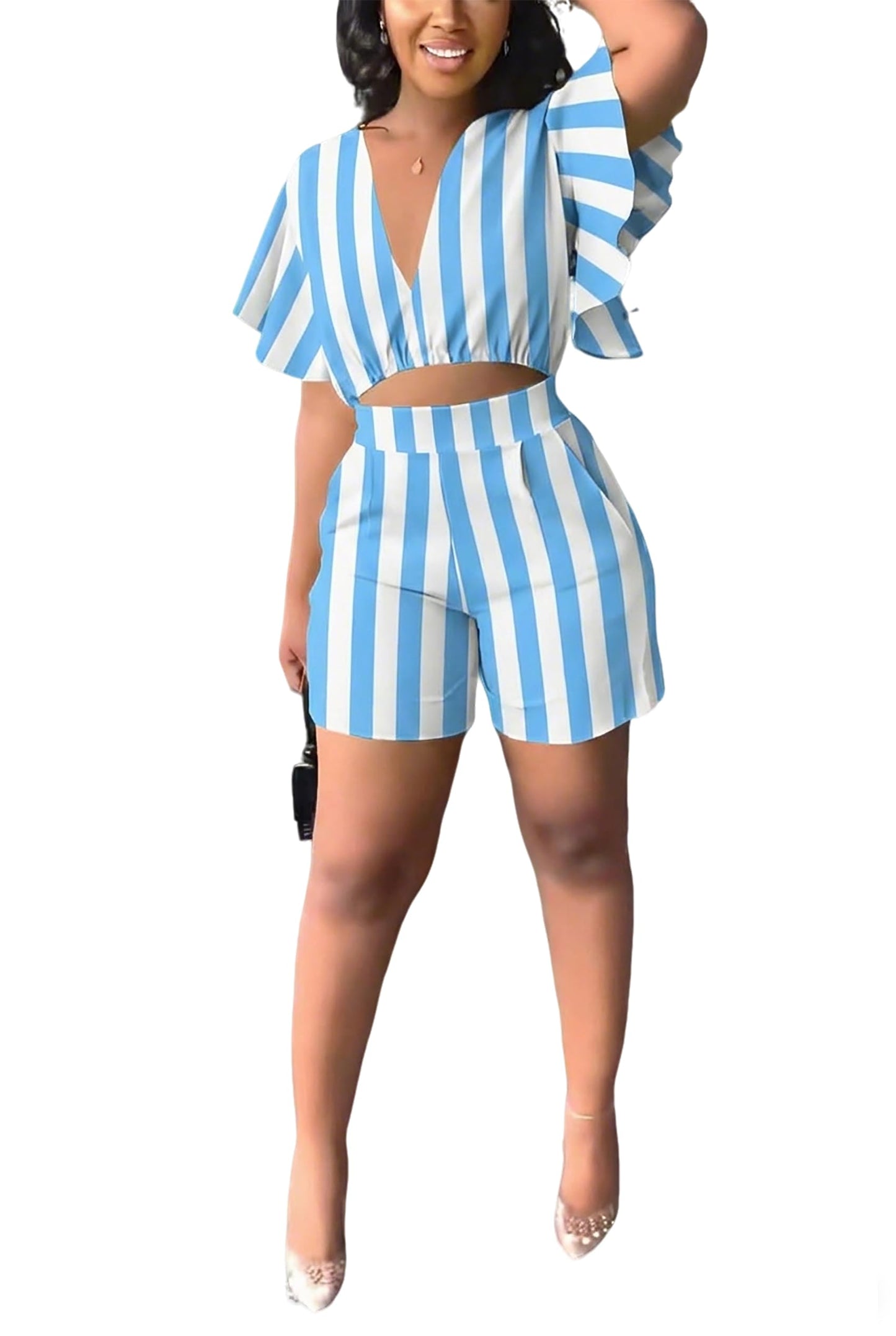 Fooullaide Womens Summer 2 Piece Outfit Set Crop Top Butterfly Sleeve Short Set Sexy Beach Vacation 2pc Sets