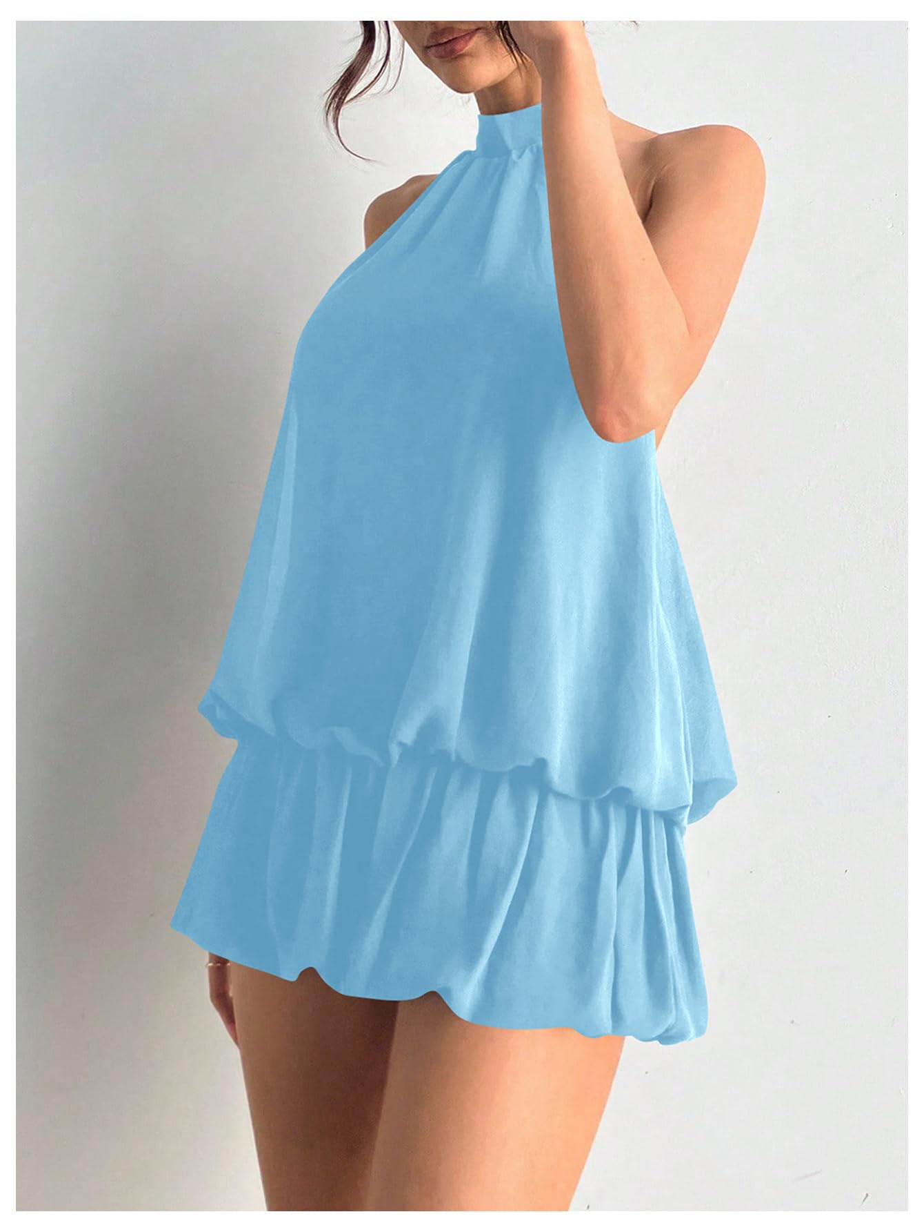 Floerns Women's Y2k Summer Halter Dress Tie Open Back Sleeveless Ruffle Hem Bubble Going Out Mini Dresses
