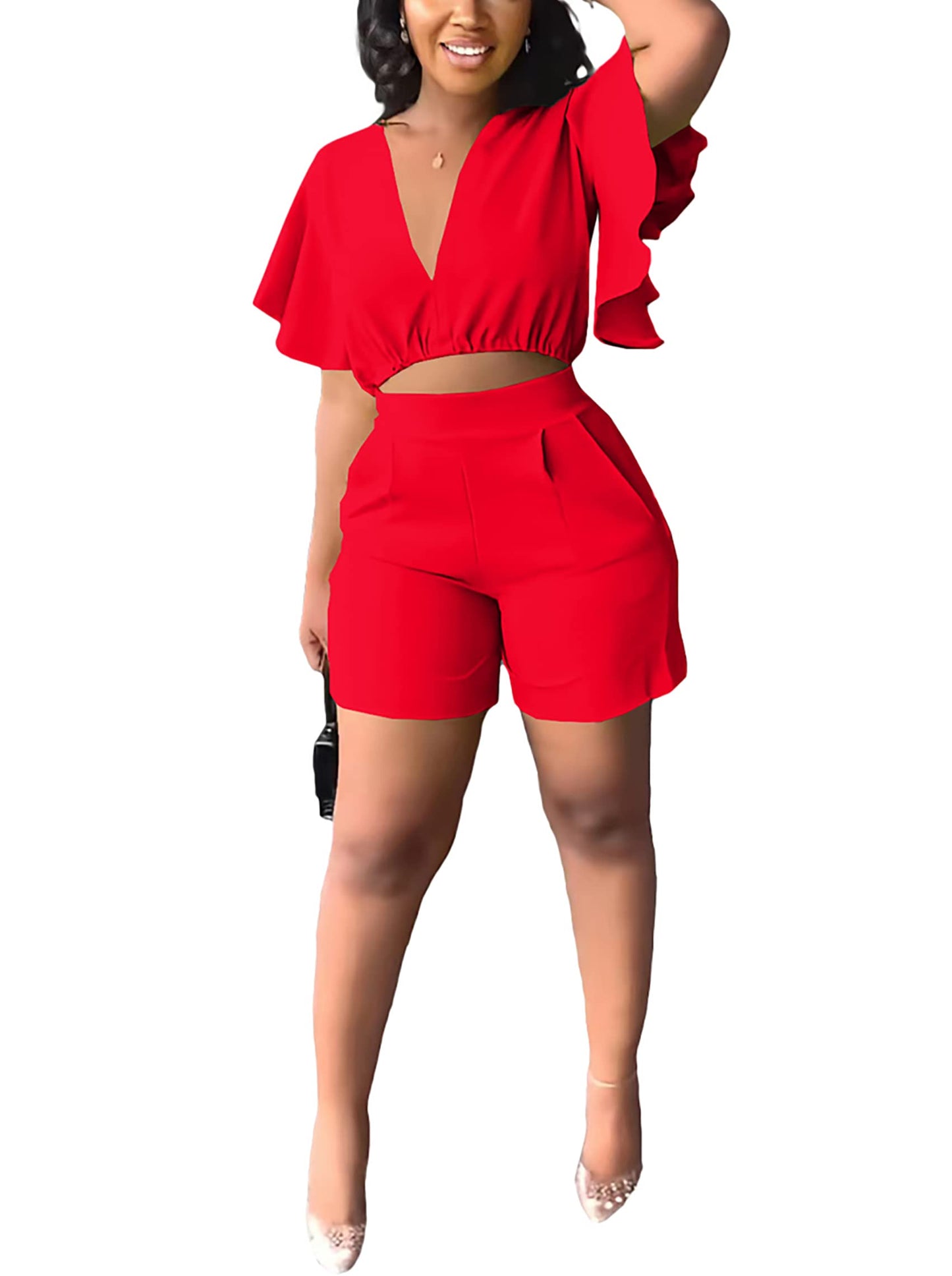Fooullaide Womens Summer 2 Piece Outfit Set Crop Top Butterfly Sleeve Short Set Sexy Beach Vacation 2pc Sets