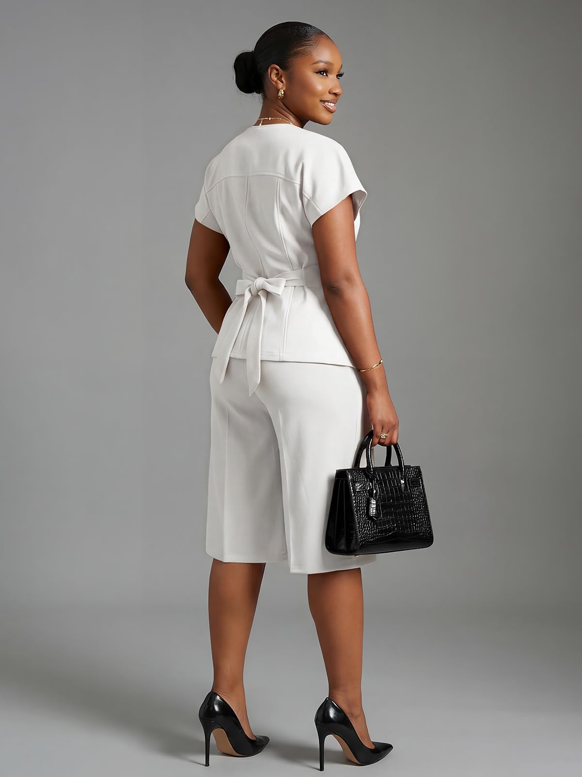Women's Summer 2 Pieces Suits Set Short Sleeve Blazer Wide Leg Knee-Length Pants Sets Business Casual Outfit