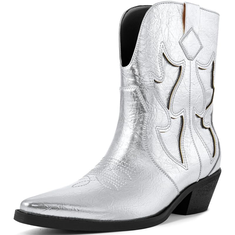 Cowboy Boots for Women Pointed Toe Pull On Boots Metallic Embroidered Western Cowgirl Boots with Chunky Heel for Wide Calf