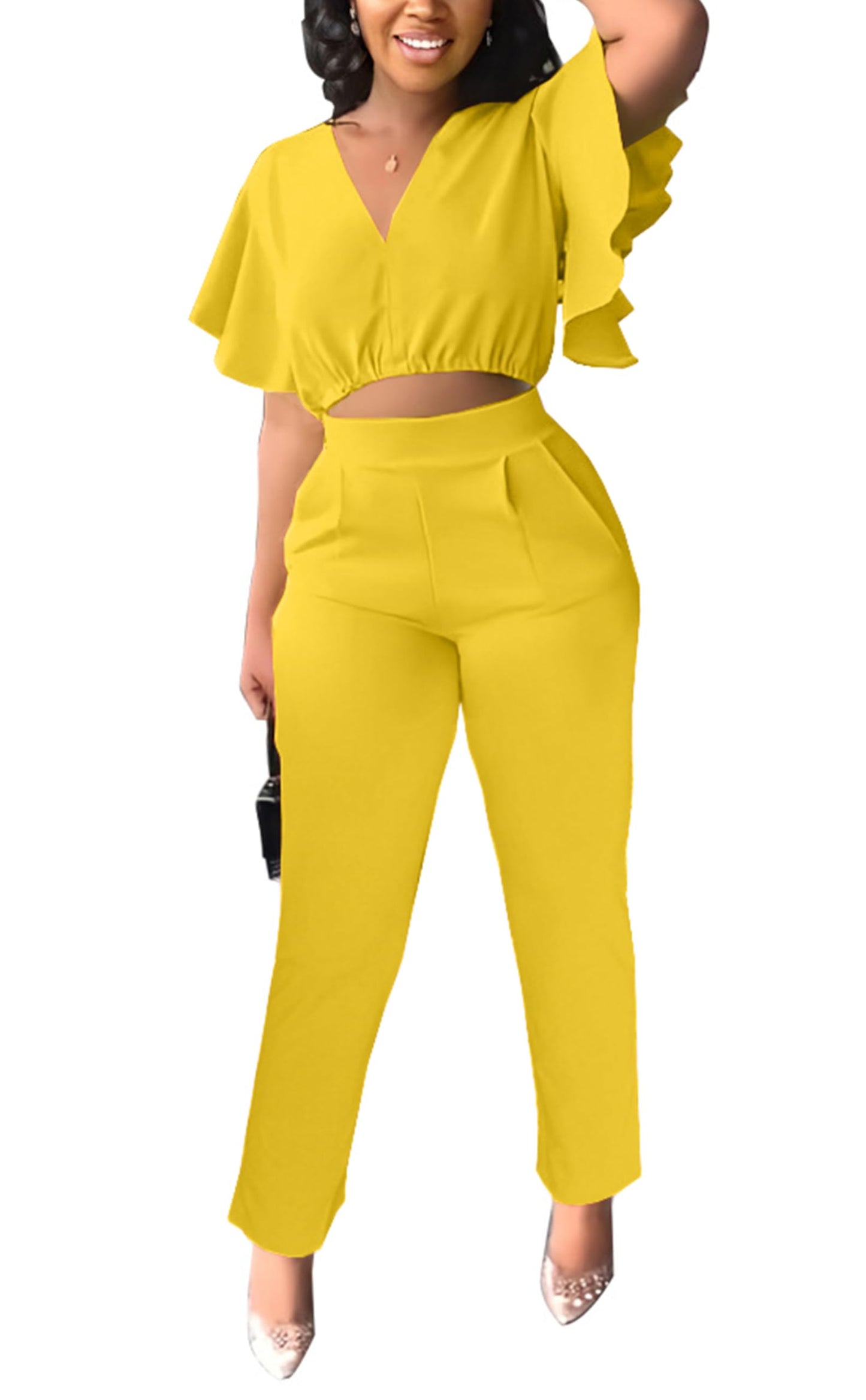 Fooullaide Womens Summer 2 Piece Outfit Set Crop Top Butterfly Sleeve Short Set Sexy Beach Vacation 2pc Sets