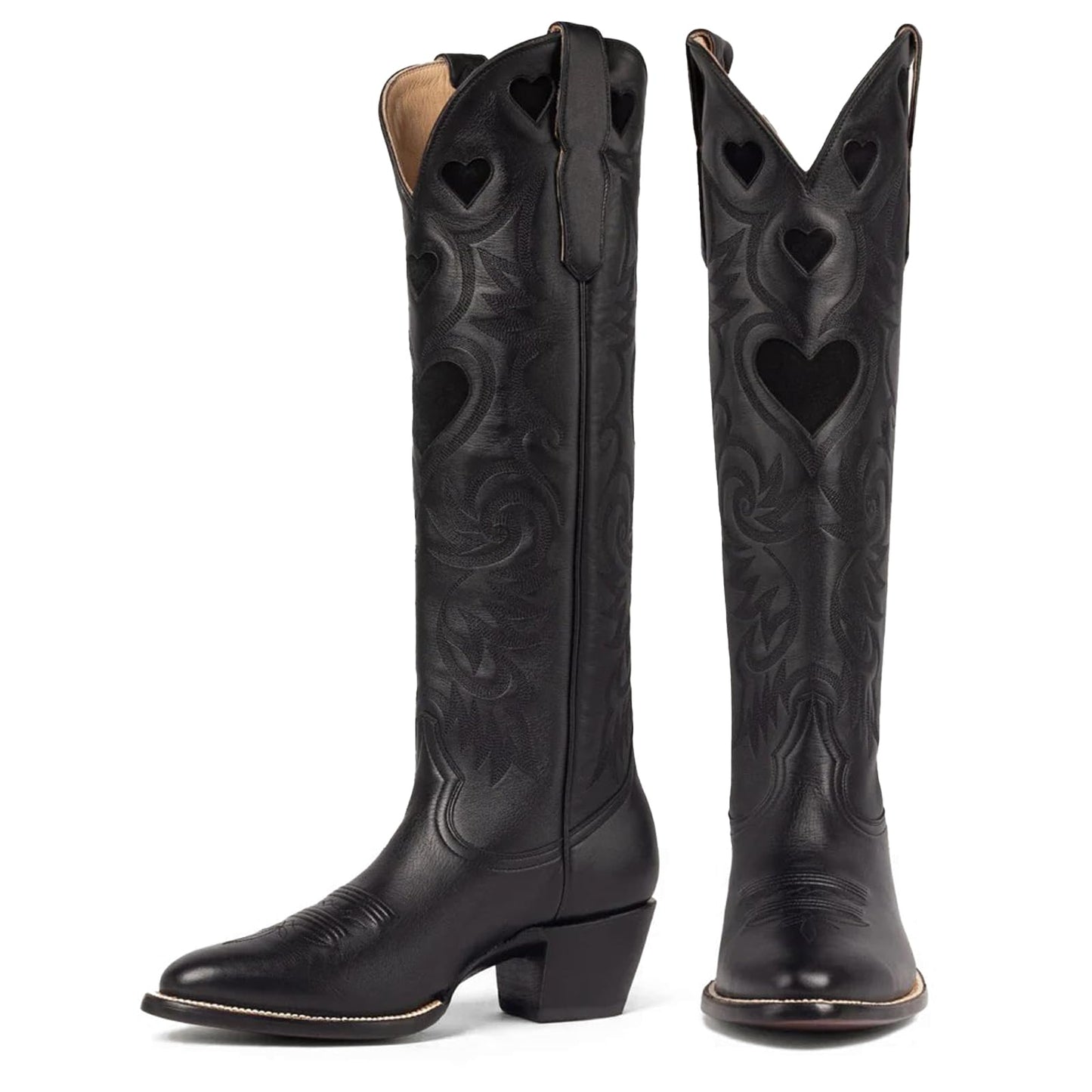 Cowboy Boots for Women Wide Calf Round Toe Chunky Stacked Heel Knee High Cowgirl Boot Heart Pattern Classic Embroidered Tall Western Booties Pull on