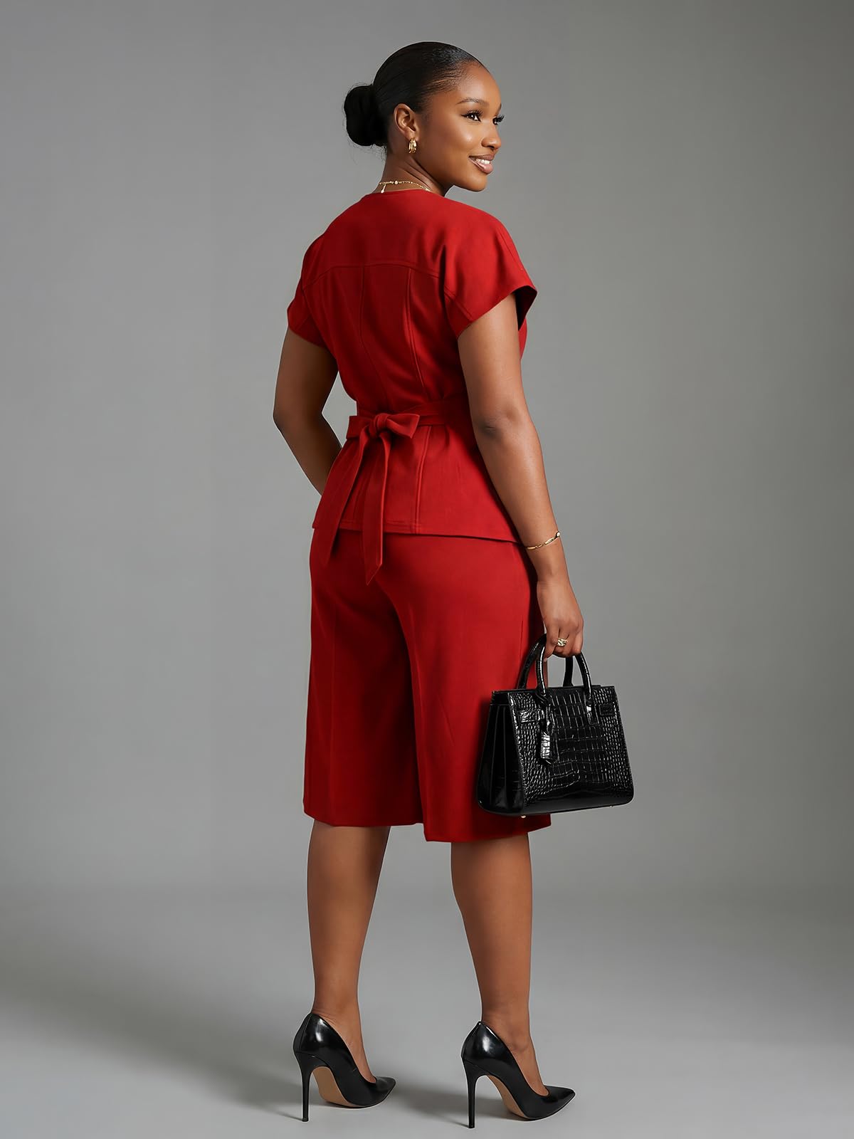 Women's Summer 2 Pieces Suits Set Short Sleeve Blazer Wide Leg Knee-Length Pants Sets Business Casual Outfit