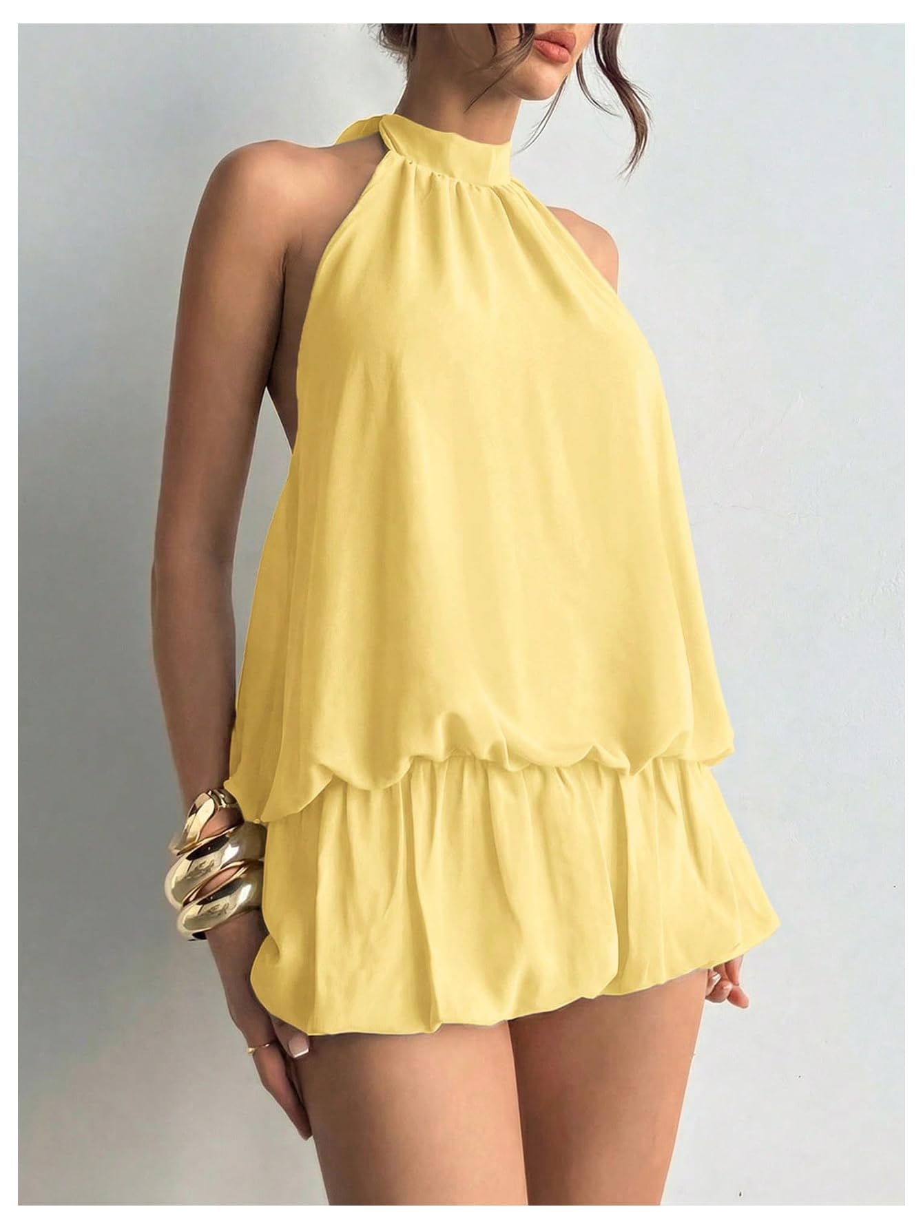 Floerns Women's Y2k Summer Halter Dress Tie Open Back Sleeveless Ruffle Hem Bubble Going Out Mini Dresses