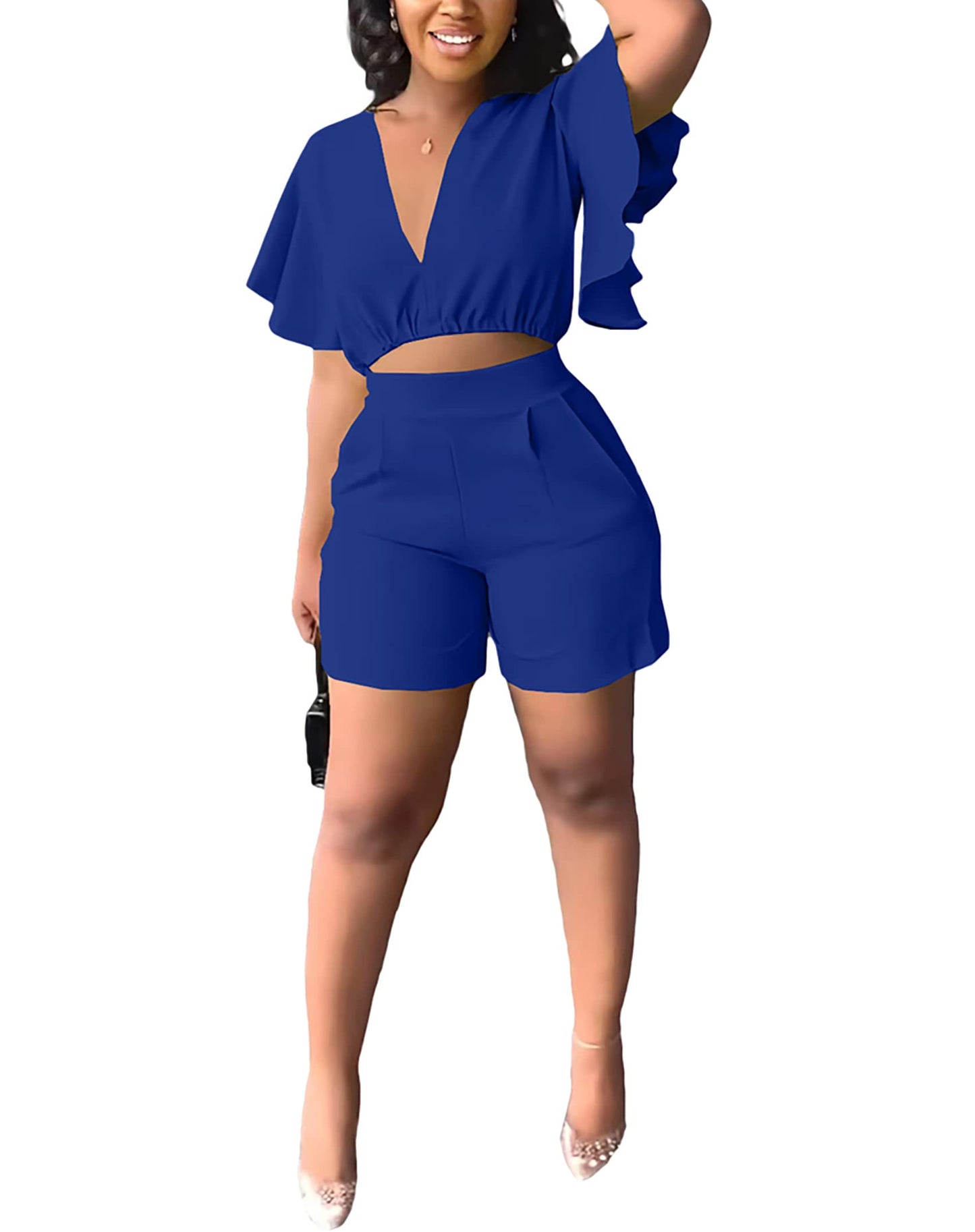 Fooullaide Womens Summer 2 Piece Outfit Set Crop Top Butterfly Sleeve Short Set Sexy Beach Vacation 2pc Sets