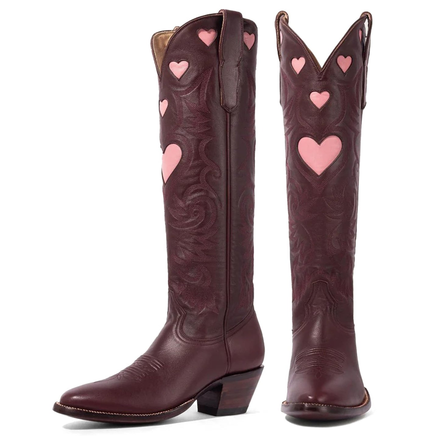 Cowboy Boots for Women Wide Calf Round Toe Chunky Stacked Heel Knee High Cowgirl Boot Heart Pattern Classic Embroidered Tall Western Booties Pull on