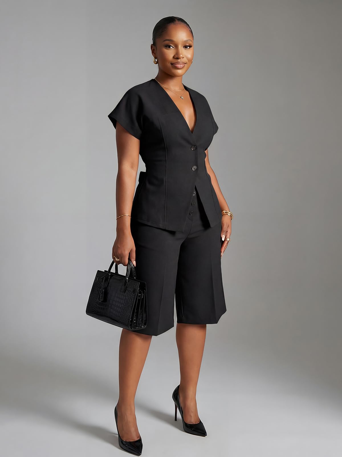 Women's Summer 2 Pieces Suits Set Short Sleeve Blazer Wide Leg Knee-Length Pants Sets Business Casual Outfit