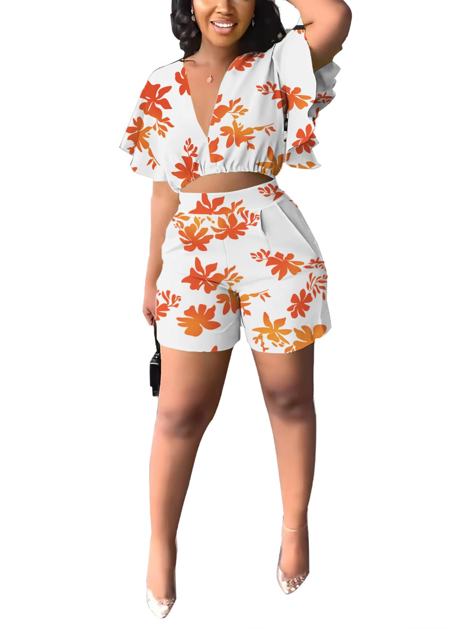 Fooullaide Womens Summer 2 Piece Outfit Set Crop Top Butterfly Sleeve Short Set Sexy Beach Vacation 2pc Sets
