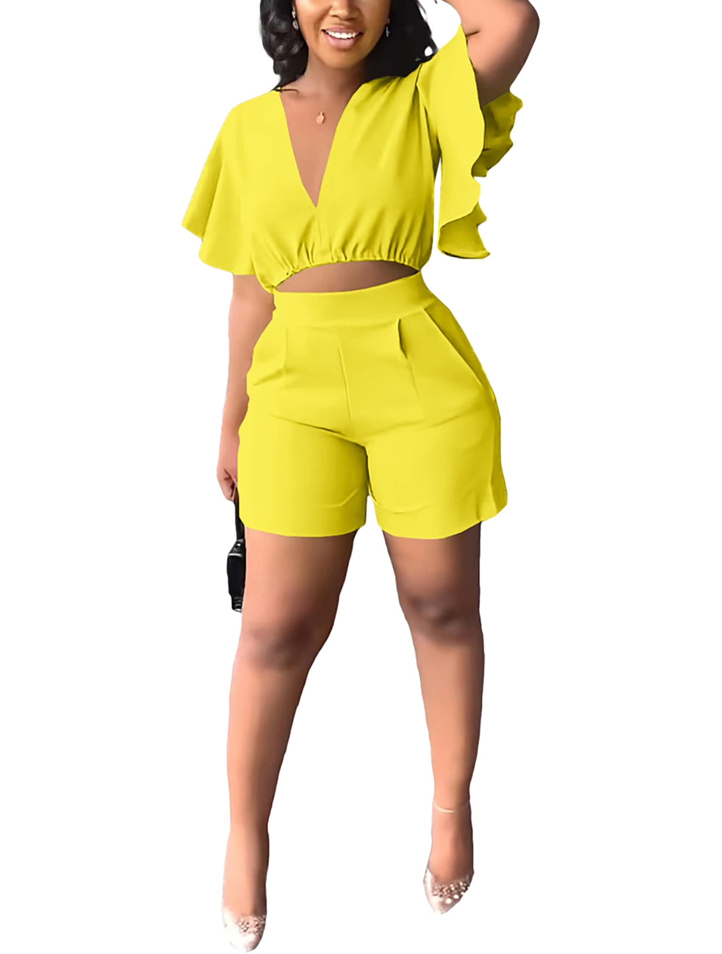 Fooullaide Womens Summer 2 Piece Outfit Set Crop Top Butterfly Sleeve Short Set Sexy Beach Vacation 2pc Sets
