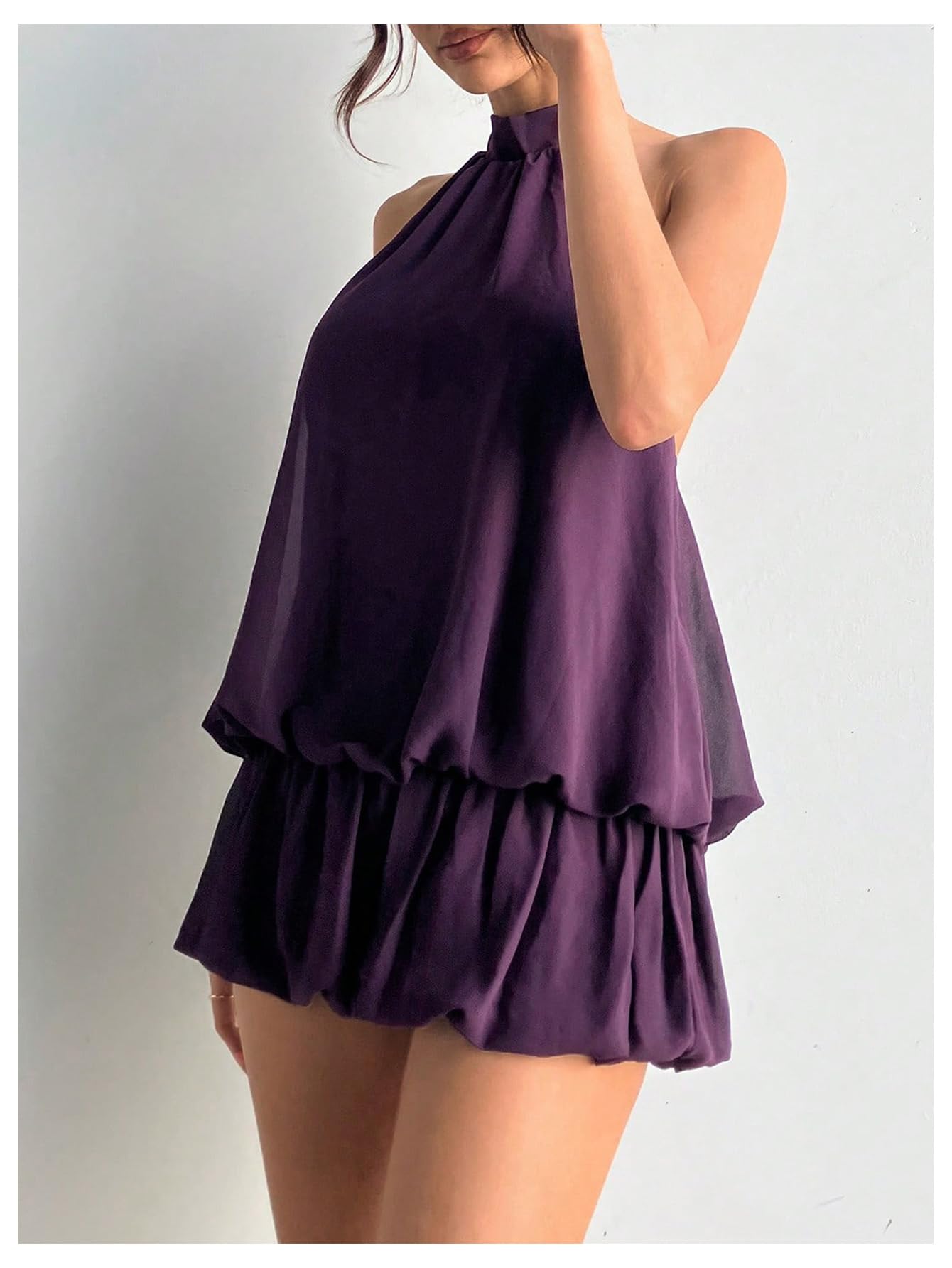 Floerns Women's Y2k Summer Halter Dress Tie Open Back Sleeveless Ruffle Hem Bubble Going Out Mini Dresses