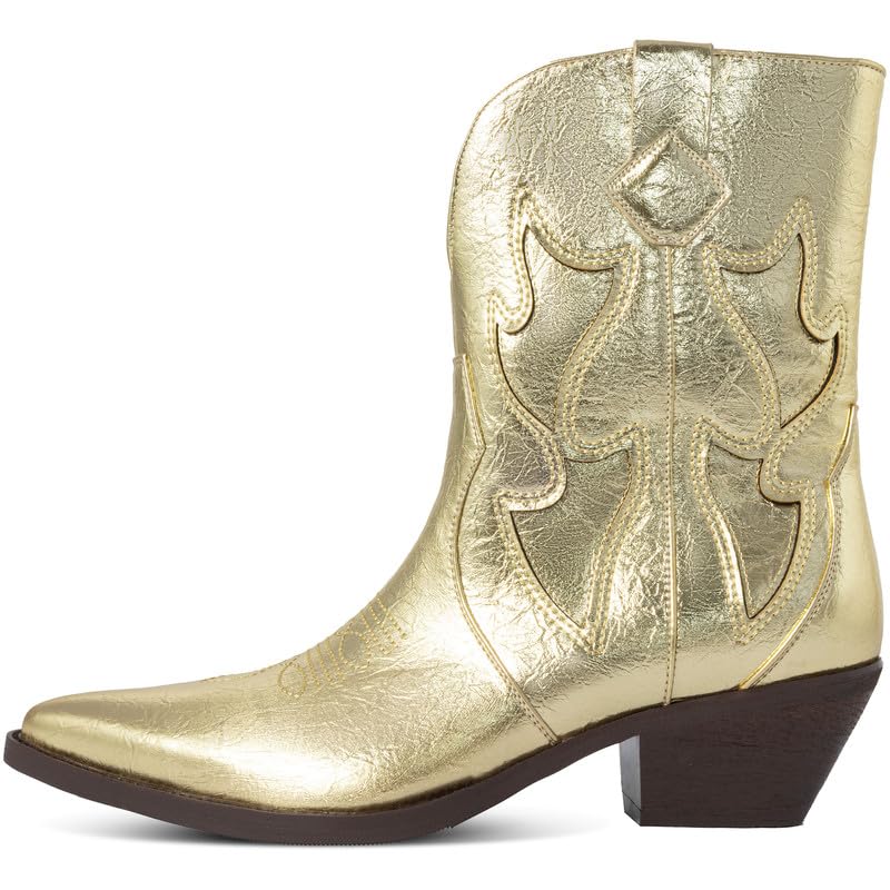 Cowboy Boots for Women Pointed Toe Pull On Boots Metallic Embroidered Western Cowgirl Boots with Chunky Heel for Wide Calf