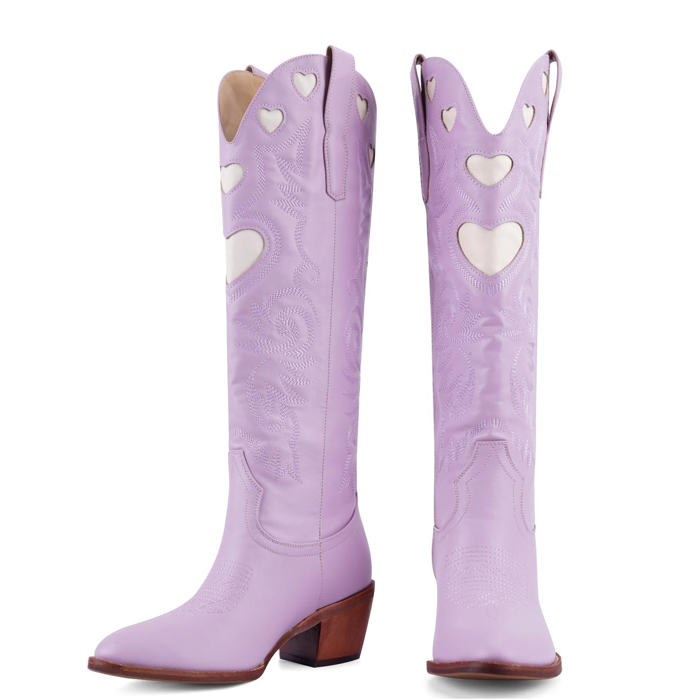 Cowboy Boots for Women Wide Calf Round Toe Chunky Stacked Heel Knee High Cowgirl Boot Heart Pattern Classic Embroidered Tall Western Booties Pull on
