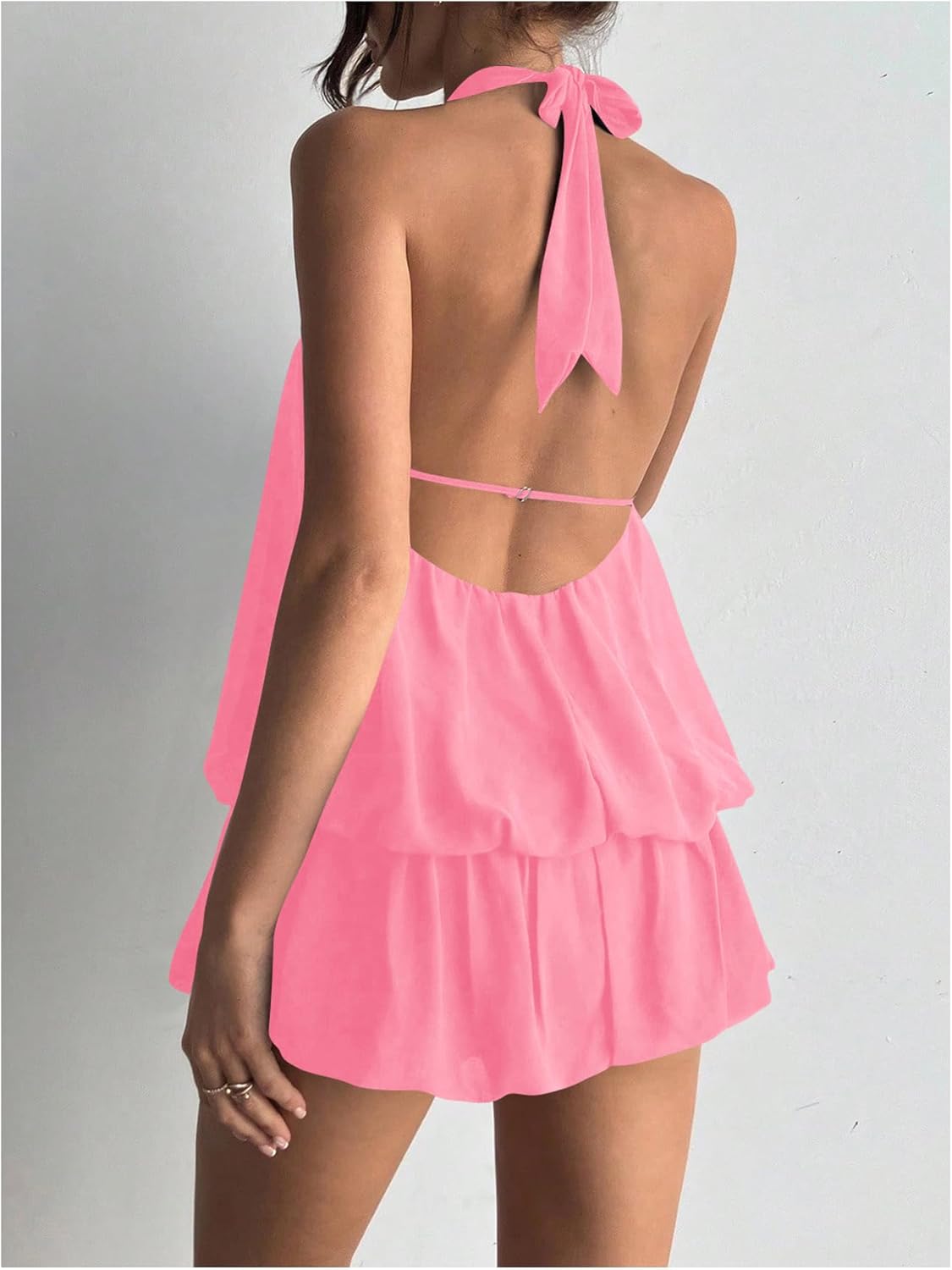 Floerns Women's Y2k Summer Halter Dress Tie Open Back Sleeveless Ruffle Hem Bubble Going Out Mini Dresses