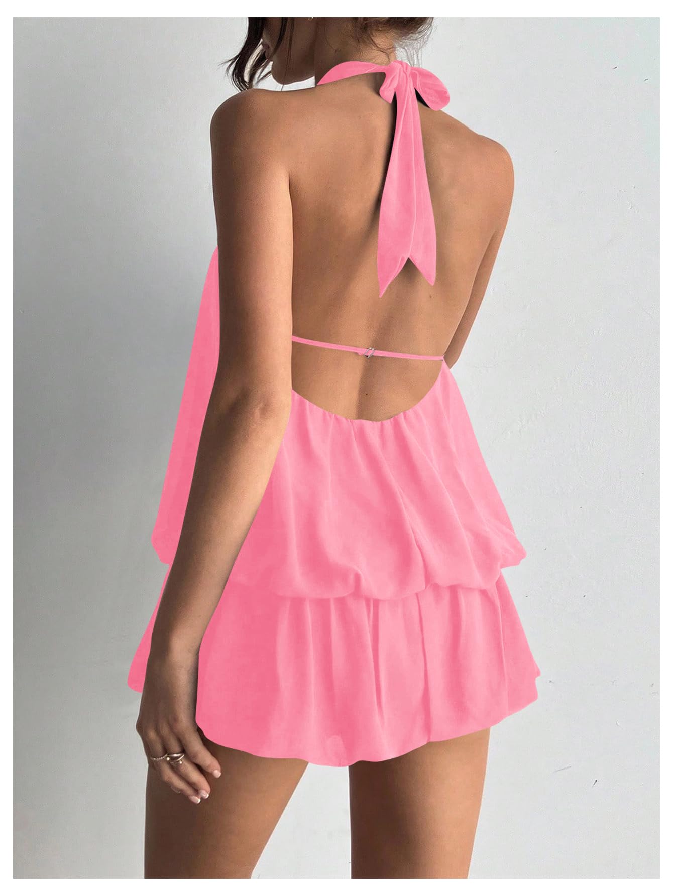 Floerns Women's Y2k Summer Halter Dress Tie Open Back Sleeveless Ruffle Hem Bubble Going Out Mini Dresses