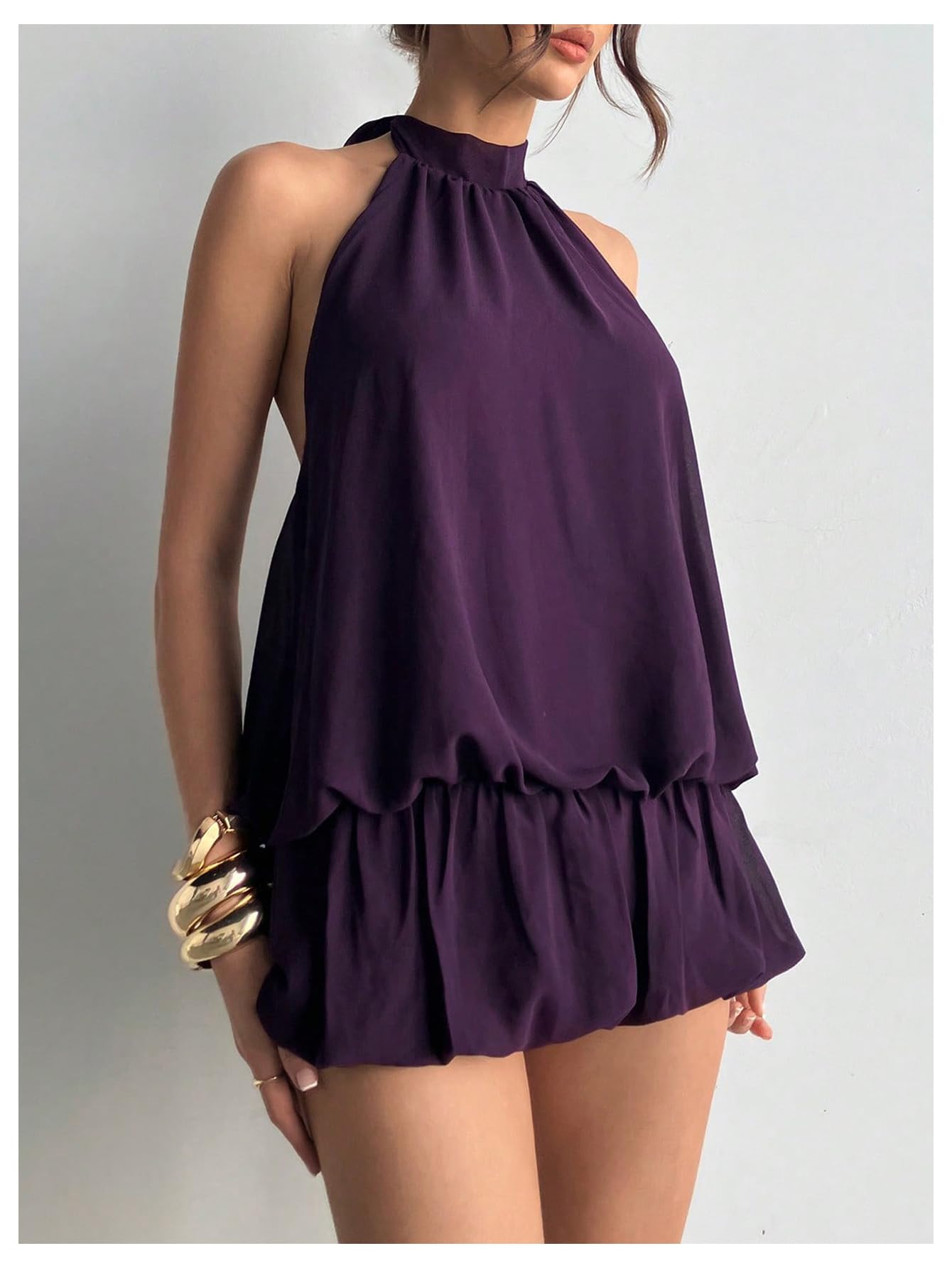 Floerns Women's Y2k Summer Halter Dress Tie Open Back Sleeveless Ruffle Hem Bubble Going Out Mini Dresses