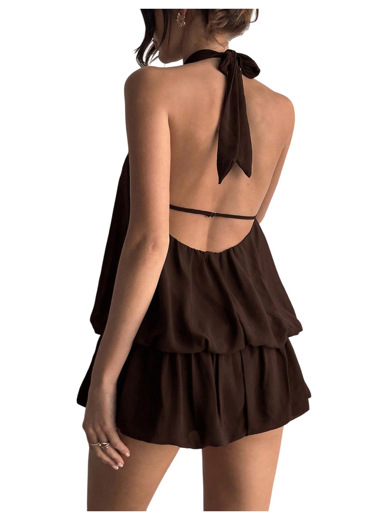 Floerns Women's Y2k Summer Halter Dress Tie Open Back Sleeveless Ruffle Hem Bubble Going Out Mini Dresses