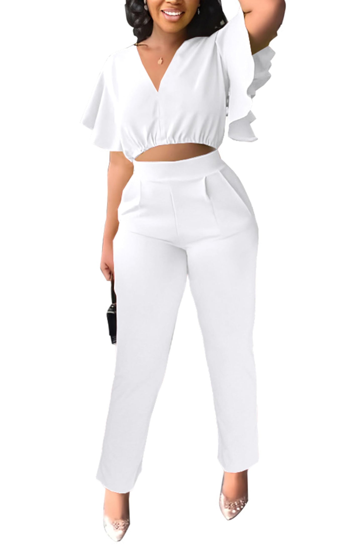 Fooullaide Womens Summer 2 Piece Outfit Set Crop Top Butterfly Sleeve Short Set Sexy Beach Vacation 2pc Sets