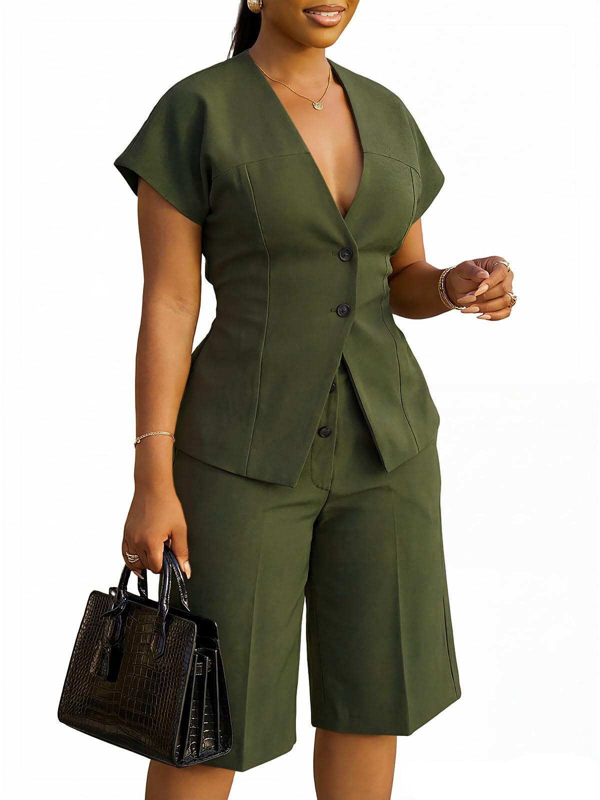Women's Summer 2 Pieces Suits Set Short Sleeve Blazer Wide Leg Knee-Length Pants Sets Business Casual Outfit