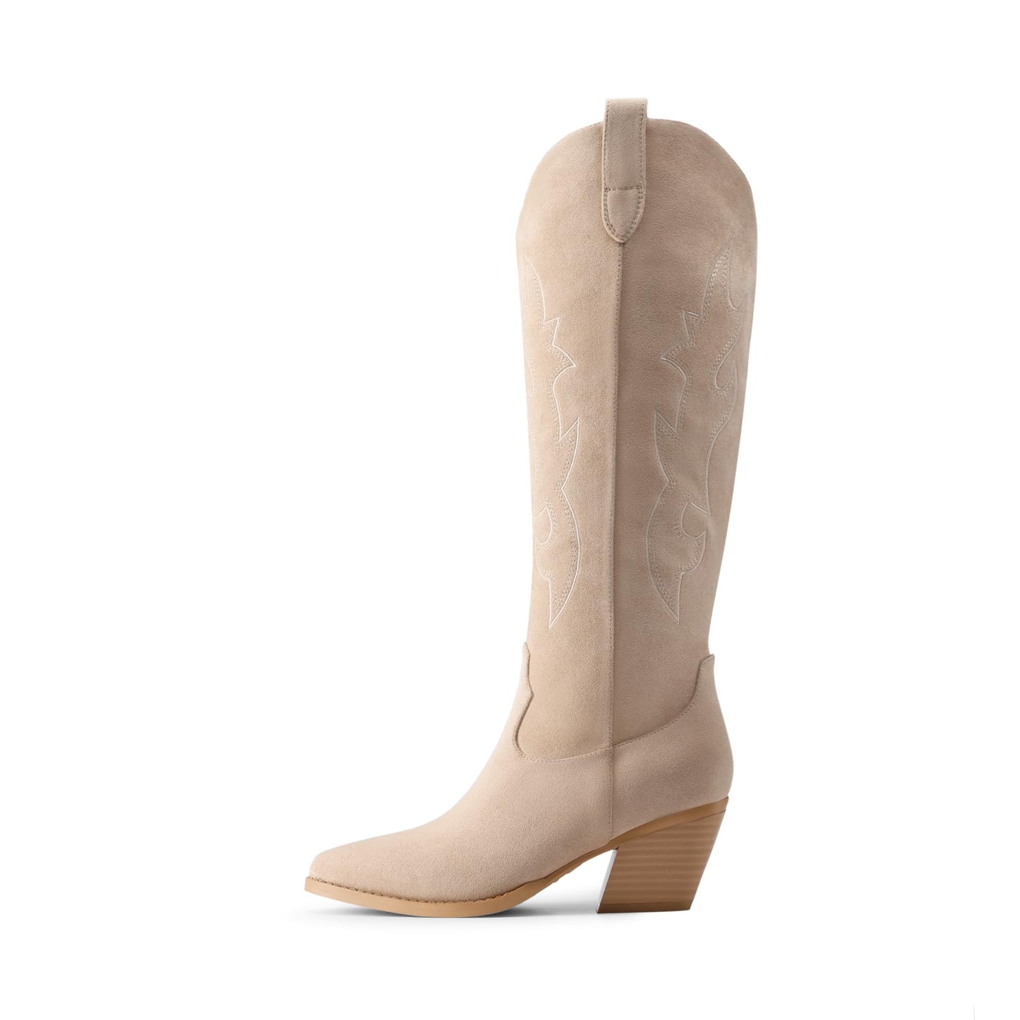 DREAM PAIRS Cowgirl Boots Women Knee High Cowboy Boots Pointed Toe Chunky Block Heel Suede Tall Western Boots with Embroidered