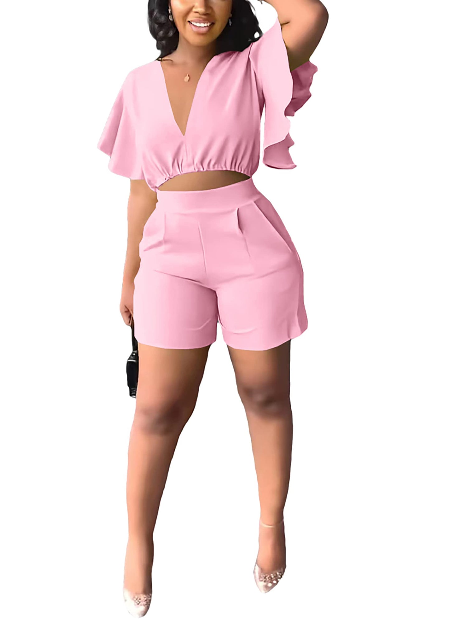 Fooullaide Womens Summer 2 Piece Outfit Set Crop Top Butterfly Sleeve Short Set Sexy Beach Vacation 2pc Sets