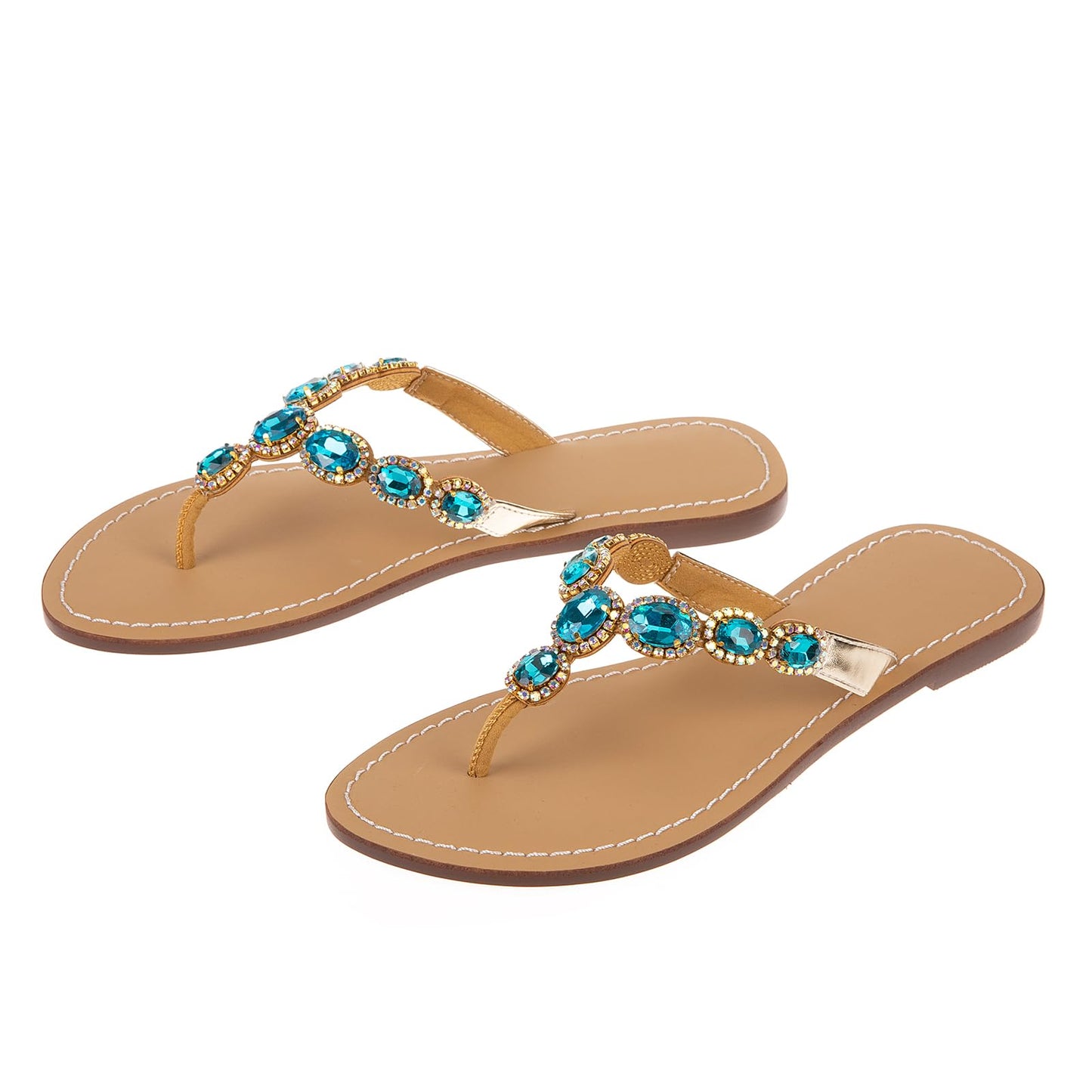 UTIKLIOU Women's Rhinestone Flat Sandals T-Strap Thong Sandals Summer Flat Sandals Flip Flop Sandals for Women