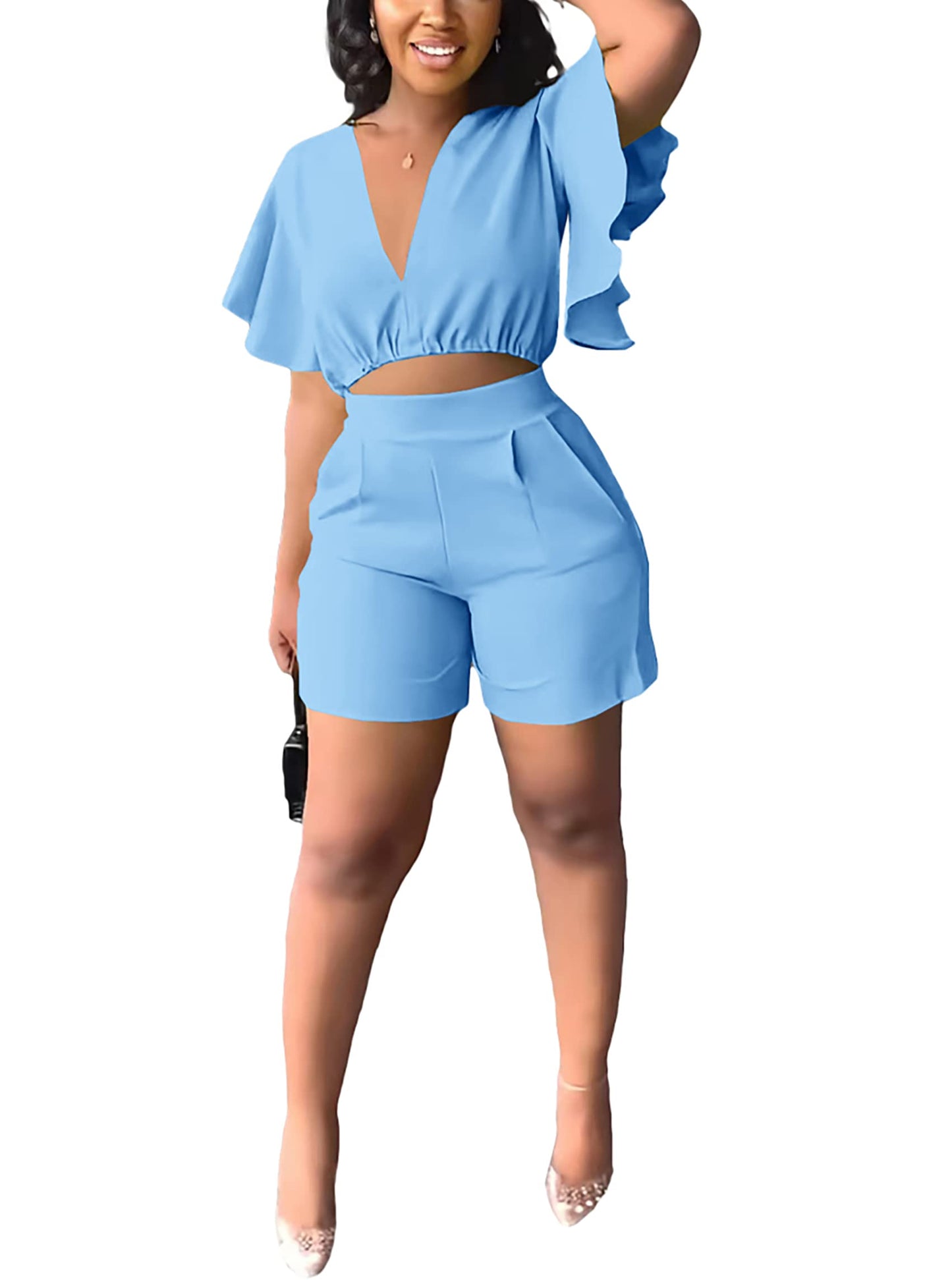 Fooullaide Womens Summer 2 Piece Outfit Set Crop Top Butterfly Sleeve Short Set Sexy Beach Vacation 2pc Sets