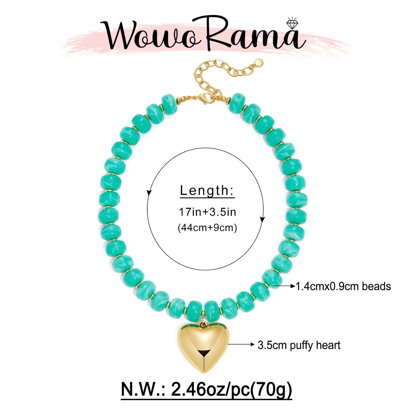 WOWORAMA Chunky Heart Necklaces for Women Colorful Resin Beaded Choker Necklace Gold Puffy Heart Statement Necklace Trendy Acrylic Choker Jewelry