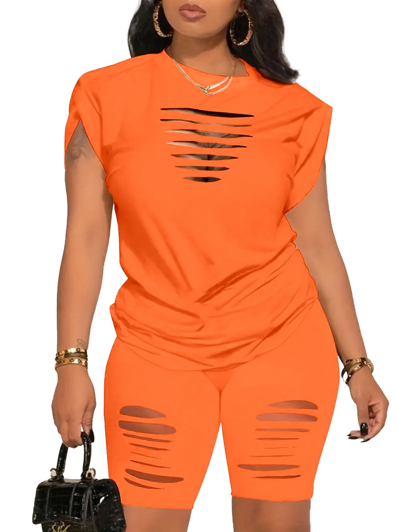 PINSV Women 2 Piece Outfits Summer Sweatsuits Biker Short Workout Jogger Sets