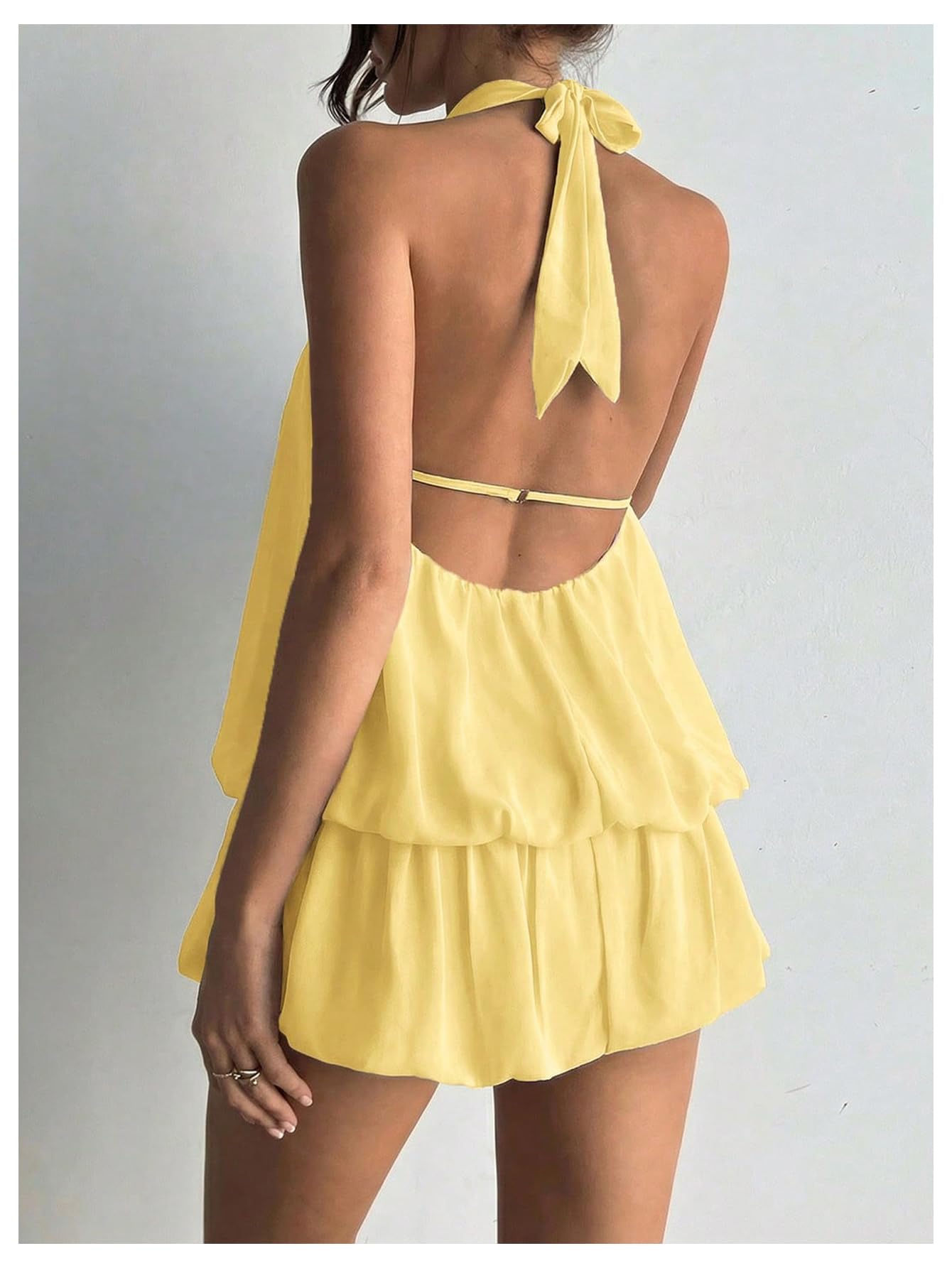 Floerns Women's Y2k Summer Halter Dress Tie Open Back Sleeveless Ruffle Hem Bubble Going Out Mini Dresses