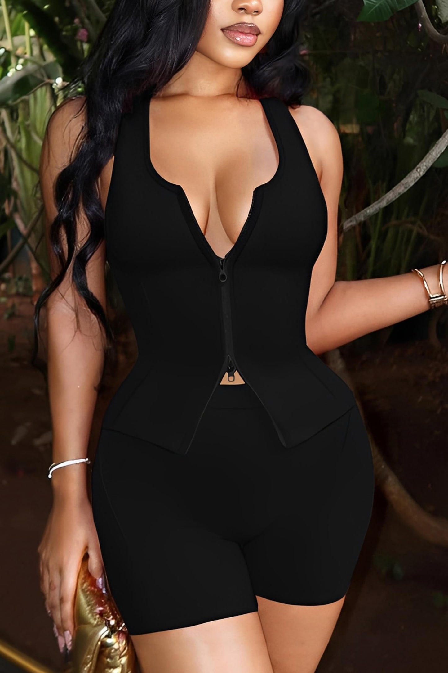 Ekaliy Women's 2 Piece Short Sets Sexy Two-Way Zipper Tank Top and High Waisted Shorts Outfits Bodycon Club Activewear Set