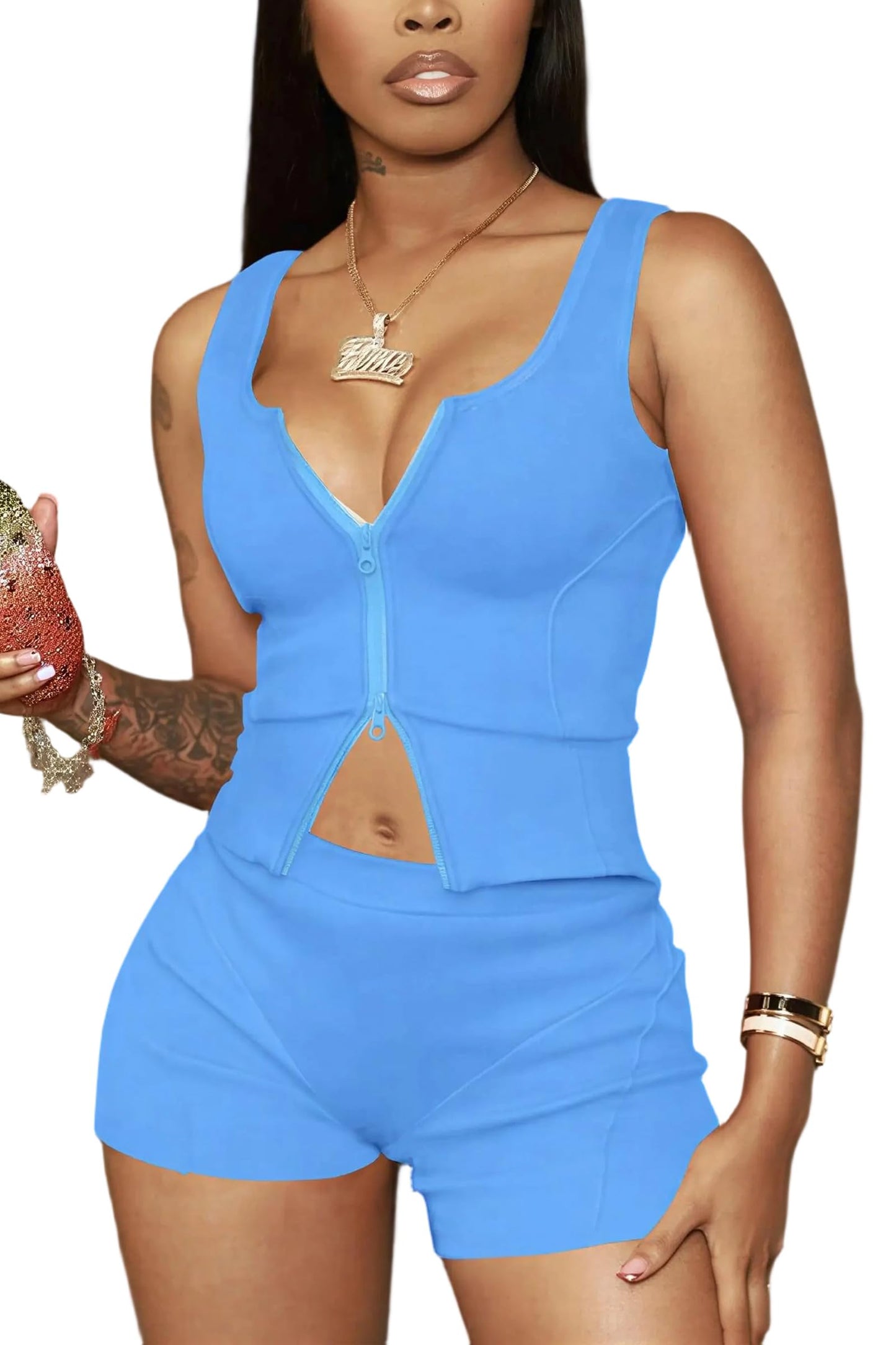Ekaliy Women's 2 Piece Short Sets Sexy Two-Way Zipper Tank Top and High Waisted Shorts Outfits Bodycon Club Activewear Set