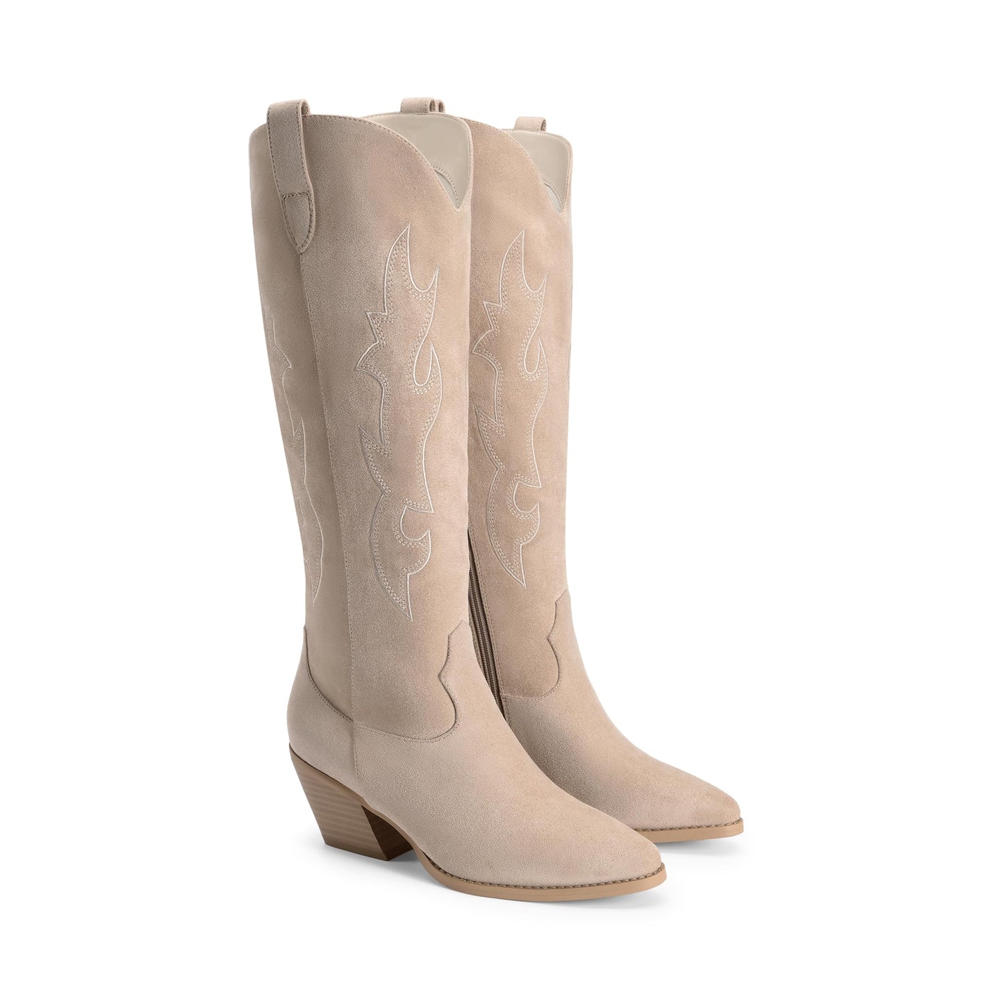 DREAM PAIRS Cowgirl Boots Women Knee High Cowboy Boots Pointed Toe Chunky Block Heel Suede Tall Western Boots with Embroidered