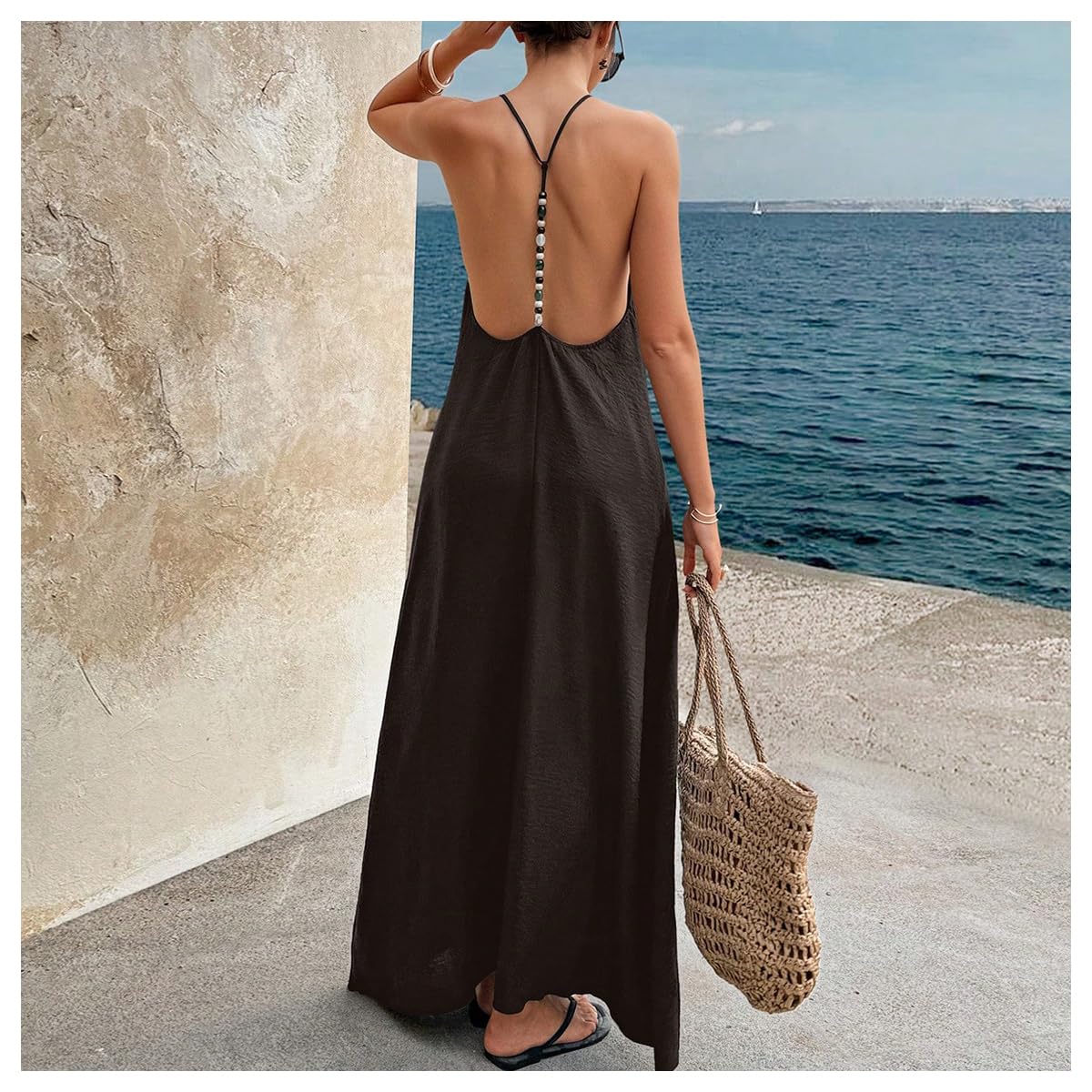 Verdusa Women's Backless Cami Dress Long Maxi Flowy Linen Dresses Summer Vacation Beach Outfits Sun Dress