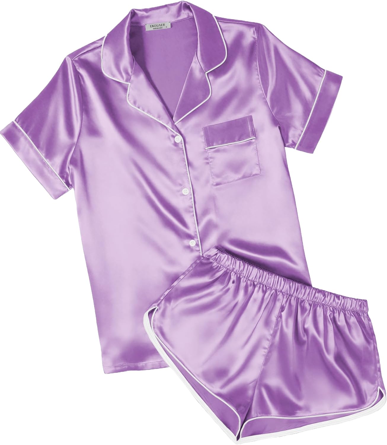 Ekouaer Womens Silk Satin Pajamas Short Sleeve PJS Shorts Set Soft Button Down Sleepwear 2 Piece Loungewear S-5XL