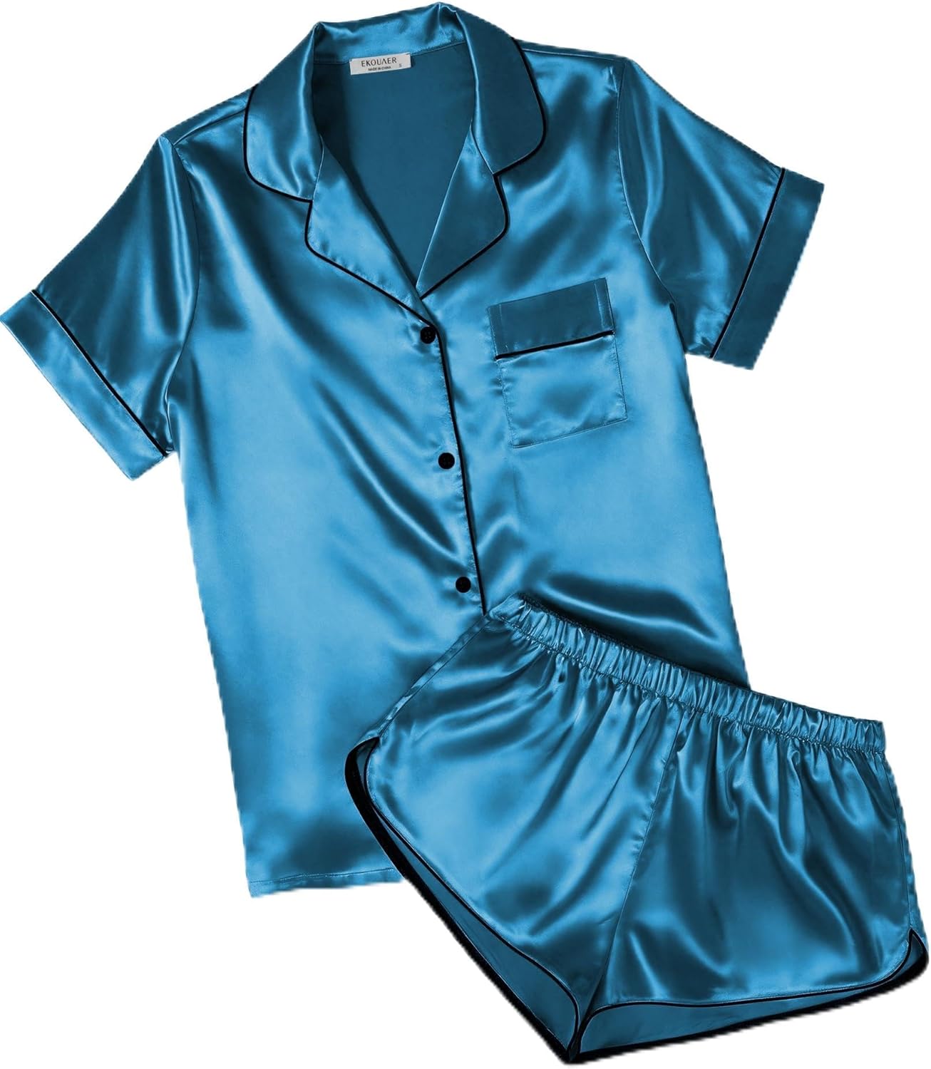 Ekouaer Womens Silk Satin Pajamas Short Sleeve PJS Shorts Set Soft Button Down Sleepwear 2 Piece Loungewear S-5XL