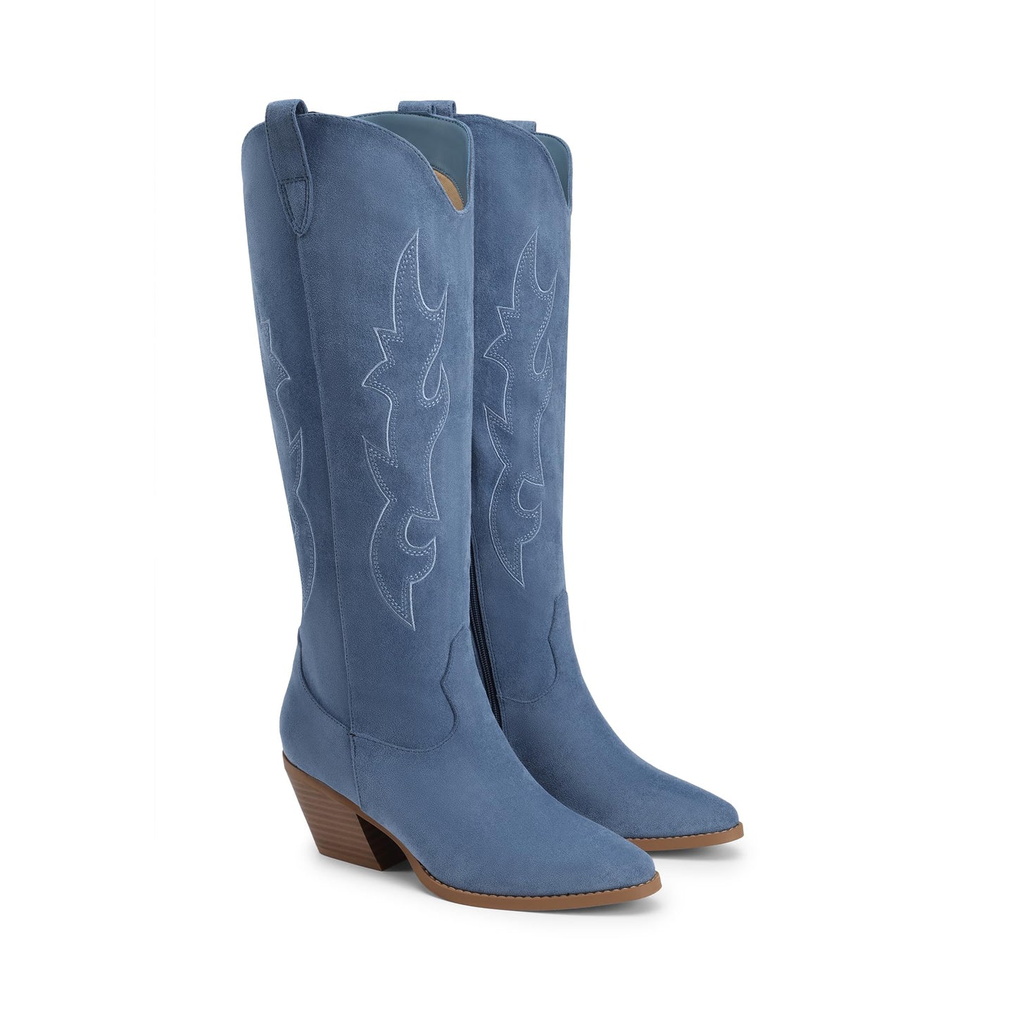 DREAM PAIRS Cowgirl Boots Women Knee High Cowboy Boots Pointed Toe Chunky Block Heel Suede Tall Western Boots with Embroidered