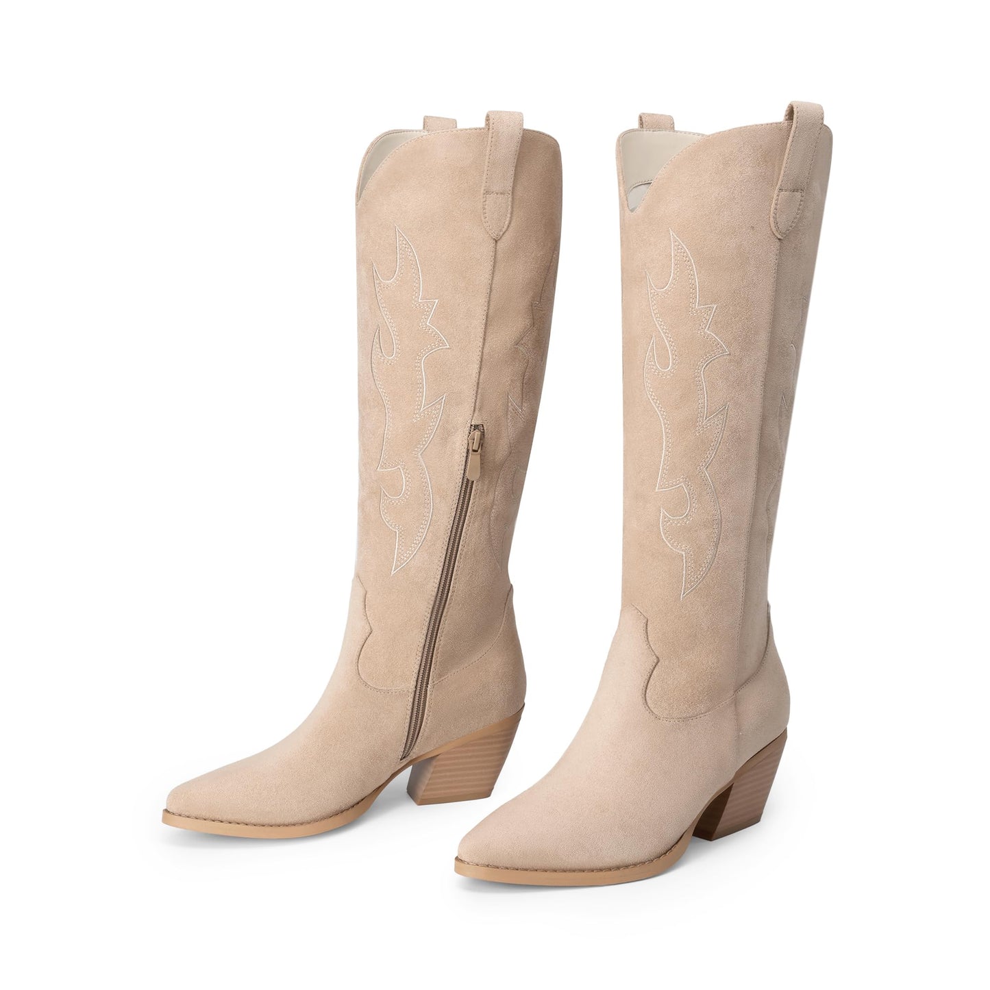 DREAM PAIRS Cowgirl Boots Women Knee High Cowboy Boots Pointed Toe Chunky Block Heel Suede Tall Western Boots with Embroidered