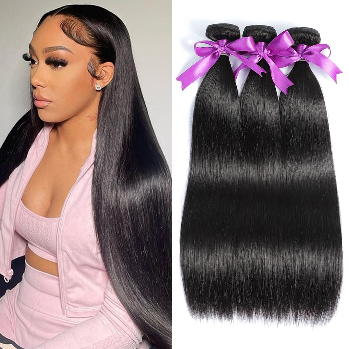 WOWQUEEN 10A Brazilian Straight Human Hair Bundles 18 20 22 Inch 100% Unprocessed Virgin Straight Weave 3 Bundles Deals Human Hair