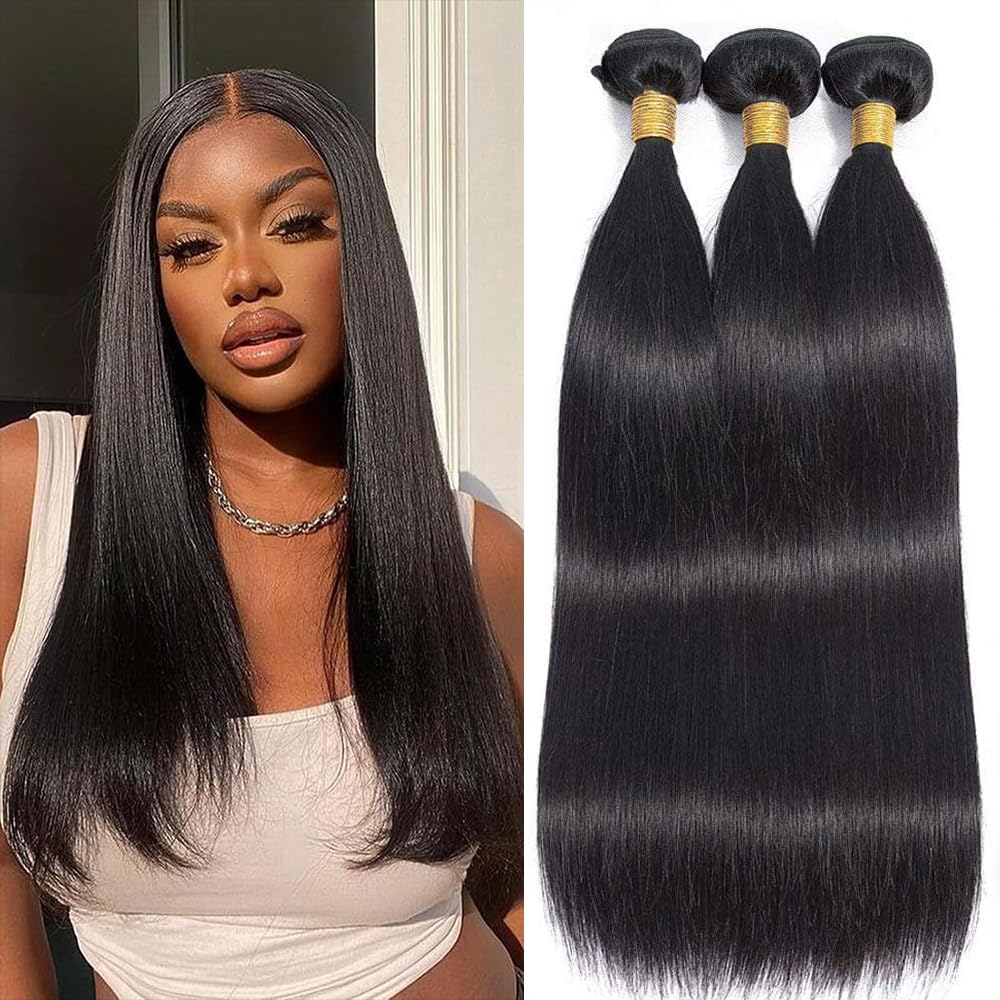 Straight Bundles Human Hair 12 14 16 Inch 100% Unprocessed Brazilian Virgin Hair Straight Weave Bundle Human Hair Bundles Real Natural Black Human Hair Extensions