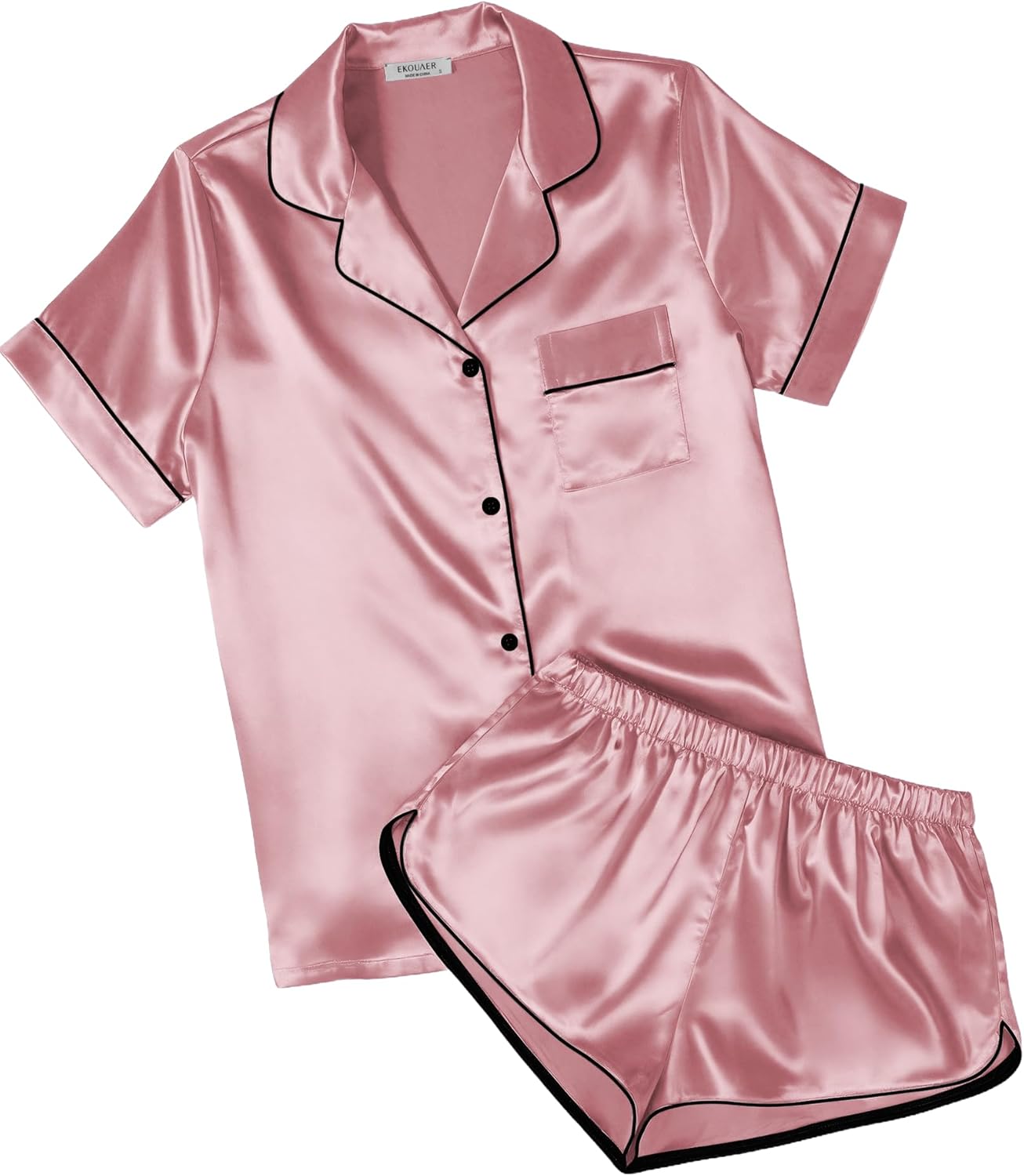 Ekouaer Womens Silk Satin Pajamas Short Sleeve PJS Shorts Set Soft Button Down Sleepwear 2 Piece Loungewear S-5XL